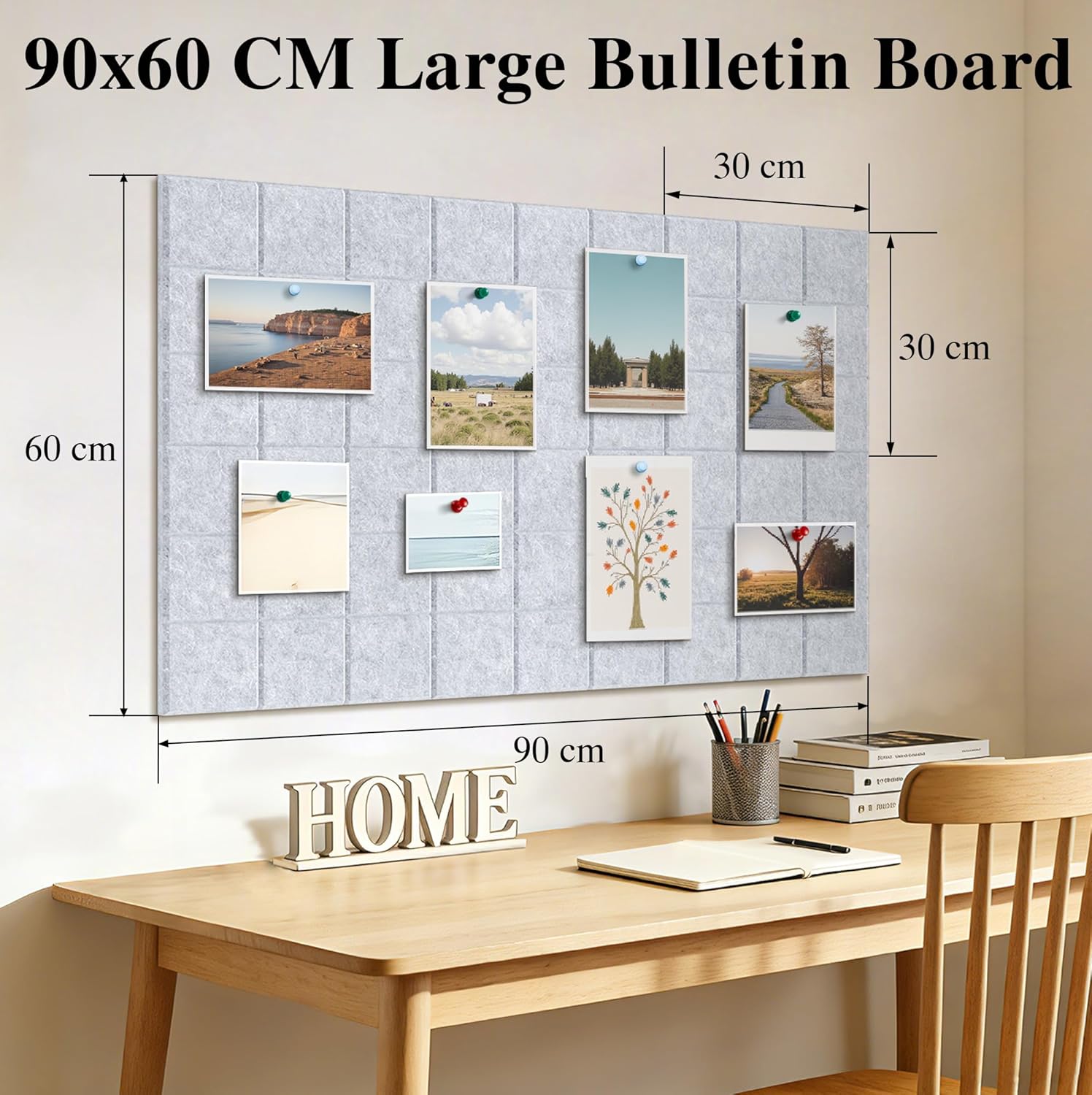 Thumbnail 1 de Uoisaiko Cork Wall Board 30 x 30 cm with 6 Adhesive Felt Panels and 30 Push Pins (Light Grey)