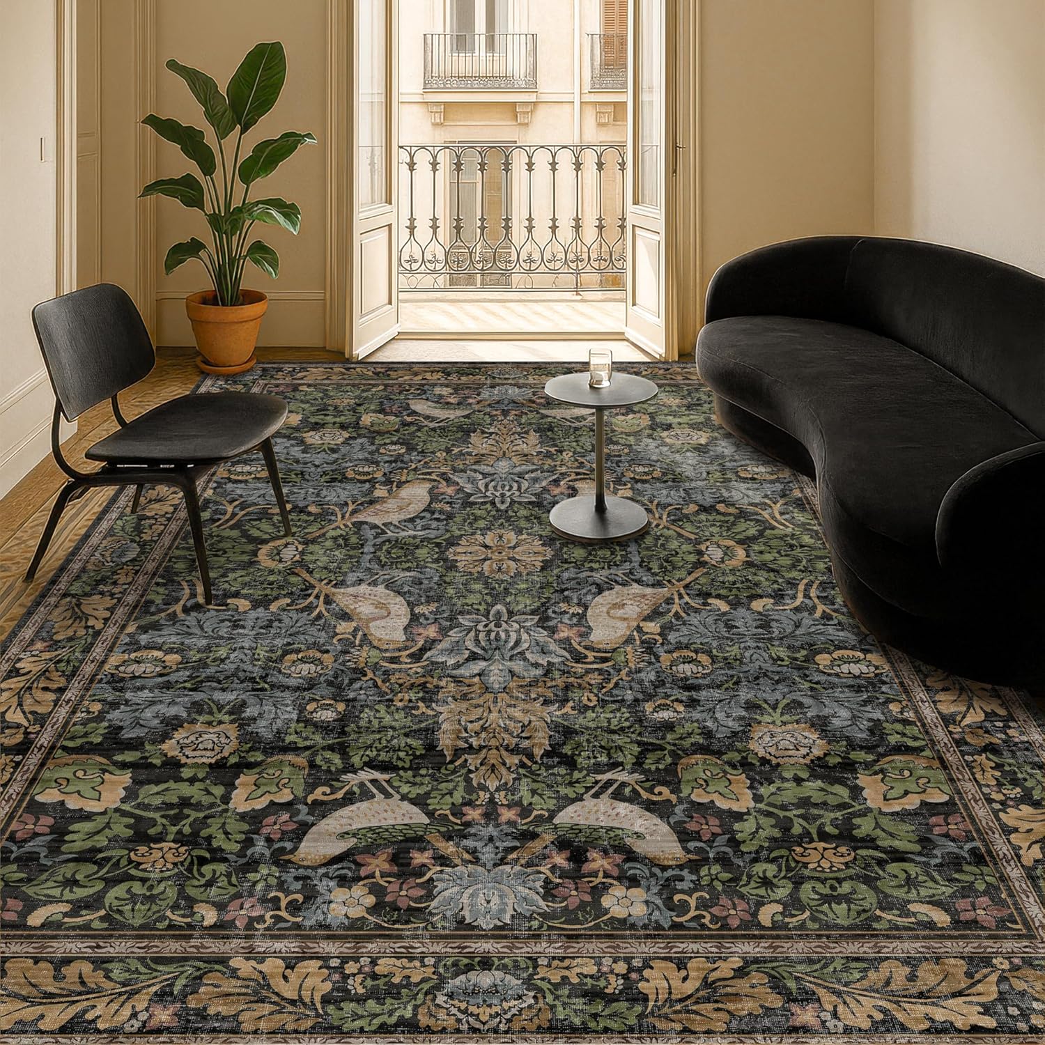 Thumbnail 6 de Vintage Green Rug for Extra Large Bedroom — 10x12, Washable, Non-Slip, Stain-Resistant Boho Floral Carpet