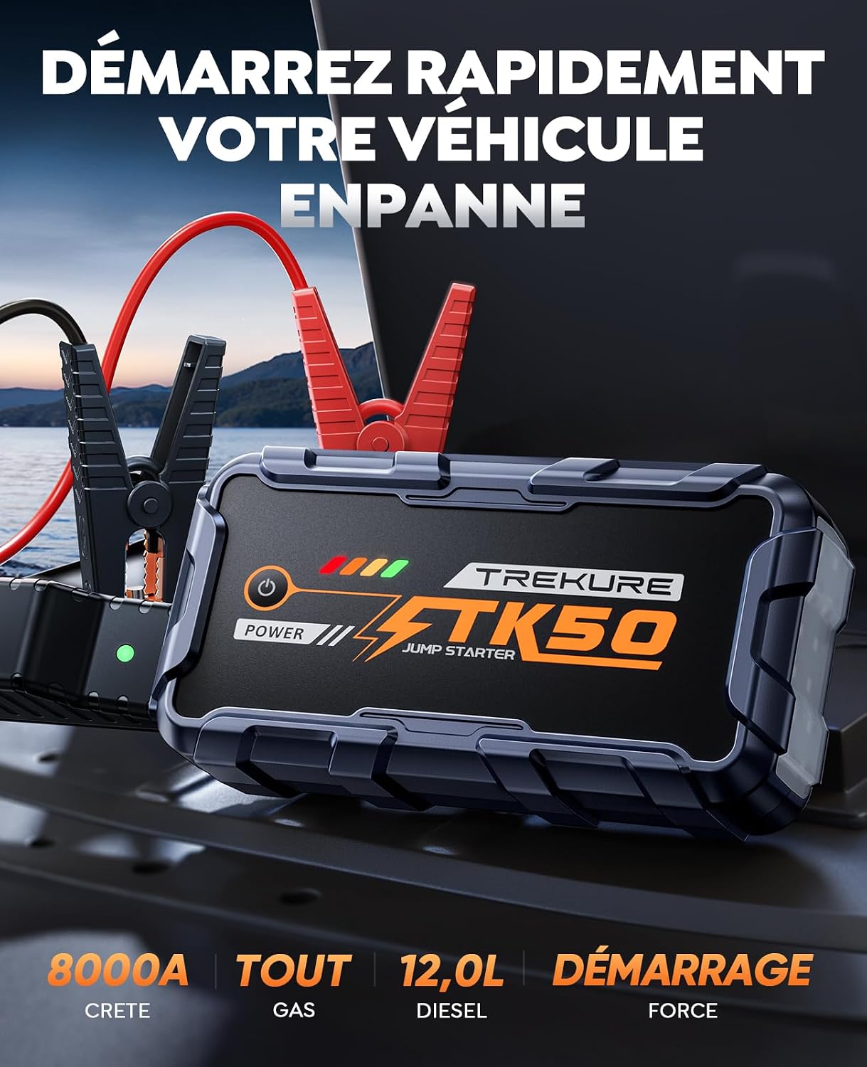 Detalle de TREKURE TK50 Booster Batterie Voiture 8000A 26800 mAh (12V) — Démarreur portable avec LED 800 lumens et charge USB 18W