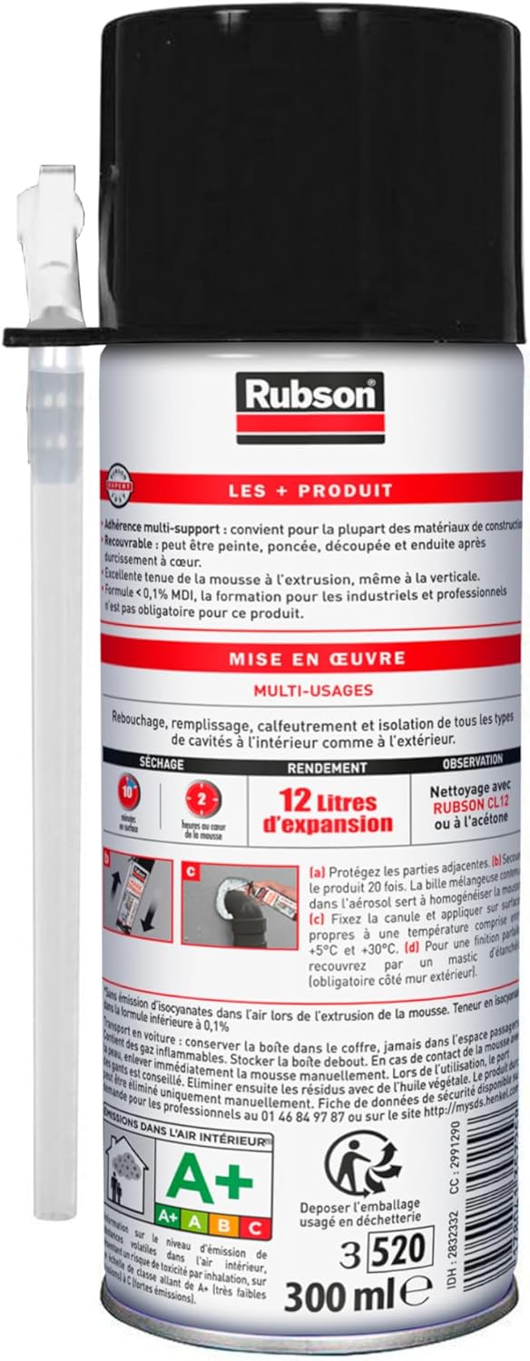 Thumbnail 1 de Rubson Mousse Expansive Multi-Usages – Mousse polyurethane blanche en aérosol (300 ml) avec 12 litres d'expansion