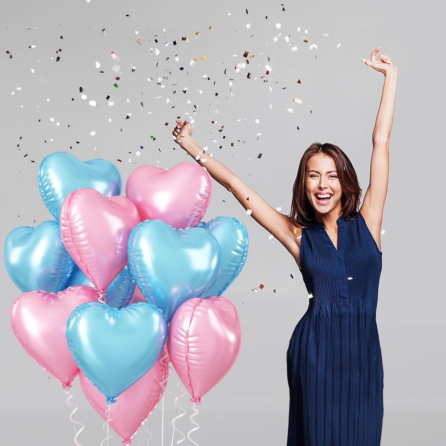 Thumbnail 4 de Pink Blue Heart Balloons, 18 Inch Foil Heart Balloons — 10-Pack Set (5 Pink, 5 Blue) with Ribbon