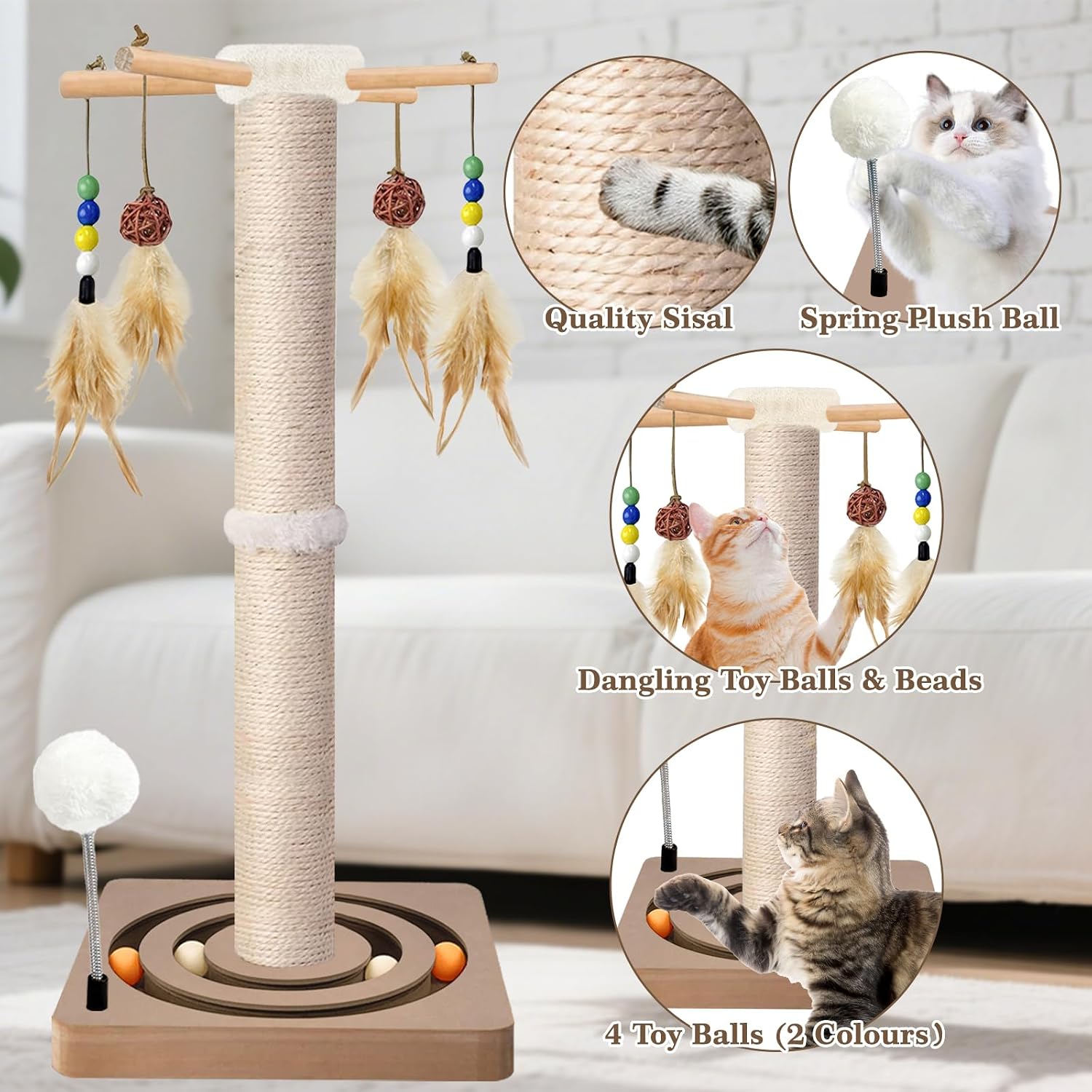 Detalle de PAROTO MZZ-N 33-Inch Cat Scratching Post with Sisal and Interactive Toys