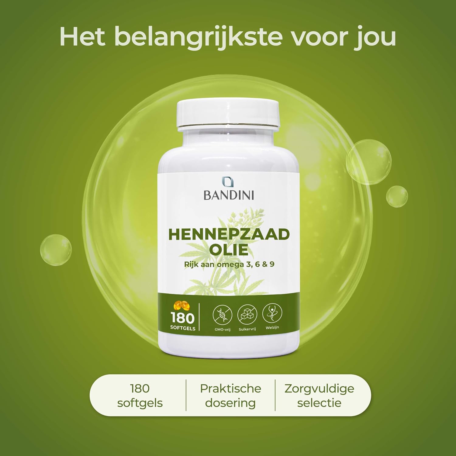 Detalle 2 de BANDINI Hennepzaadolie 1000 mg, 180 vegan softgels met omega 3, 6 en 9