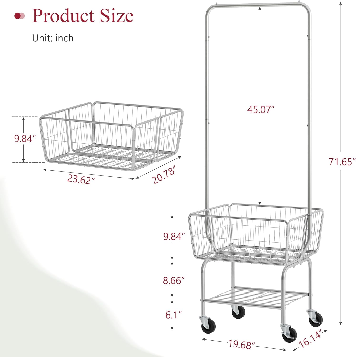 Thumbnail 6 de Tajsoon Laundry Cart with Clothes Rack (Chrome) – mobile laundry hamper with hanging rail and lockable wheels