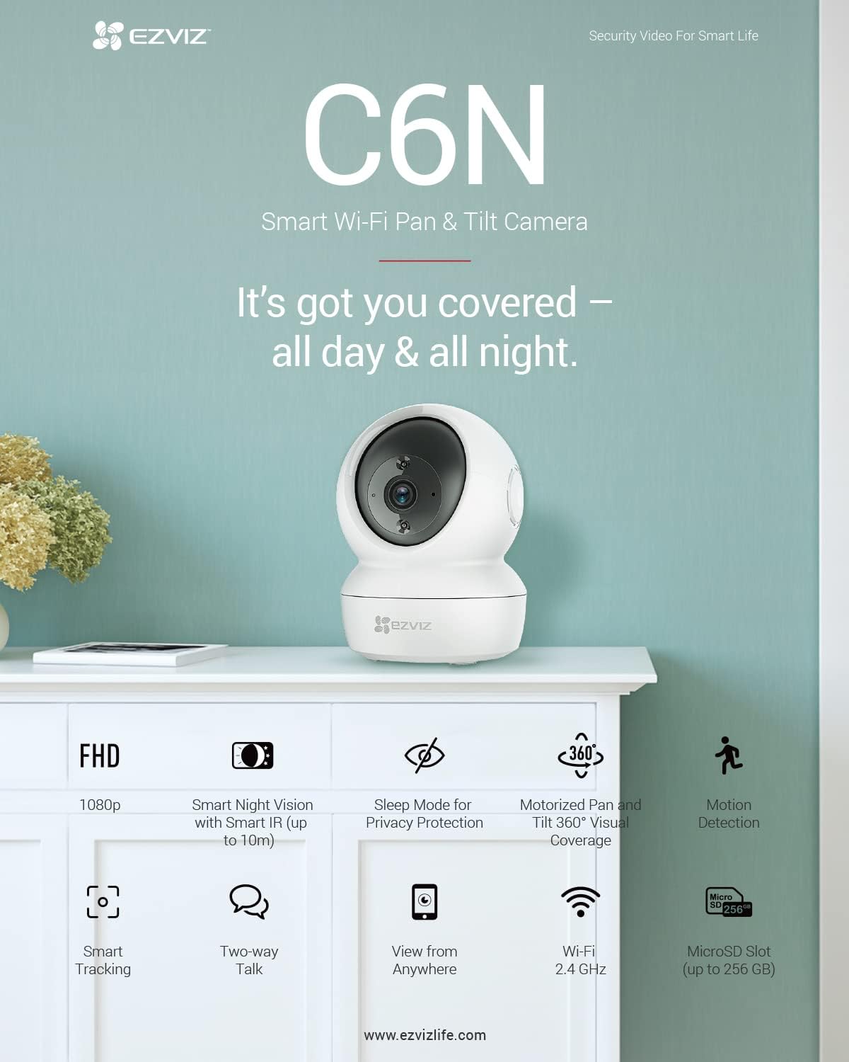 Detalle de EZVIZ C6N inomhuskamera med 1080p, 360° panorering och tvåvägsljud