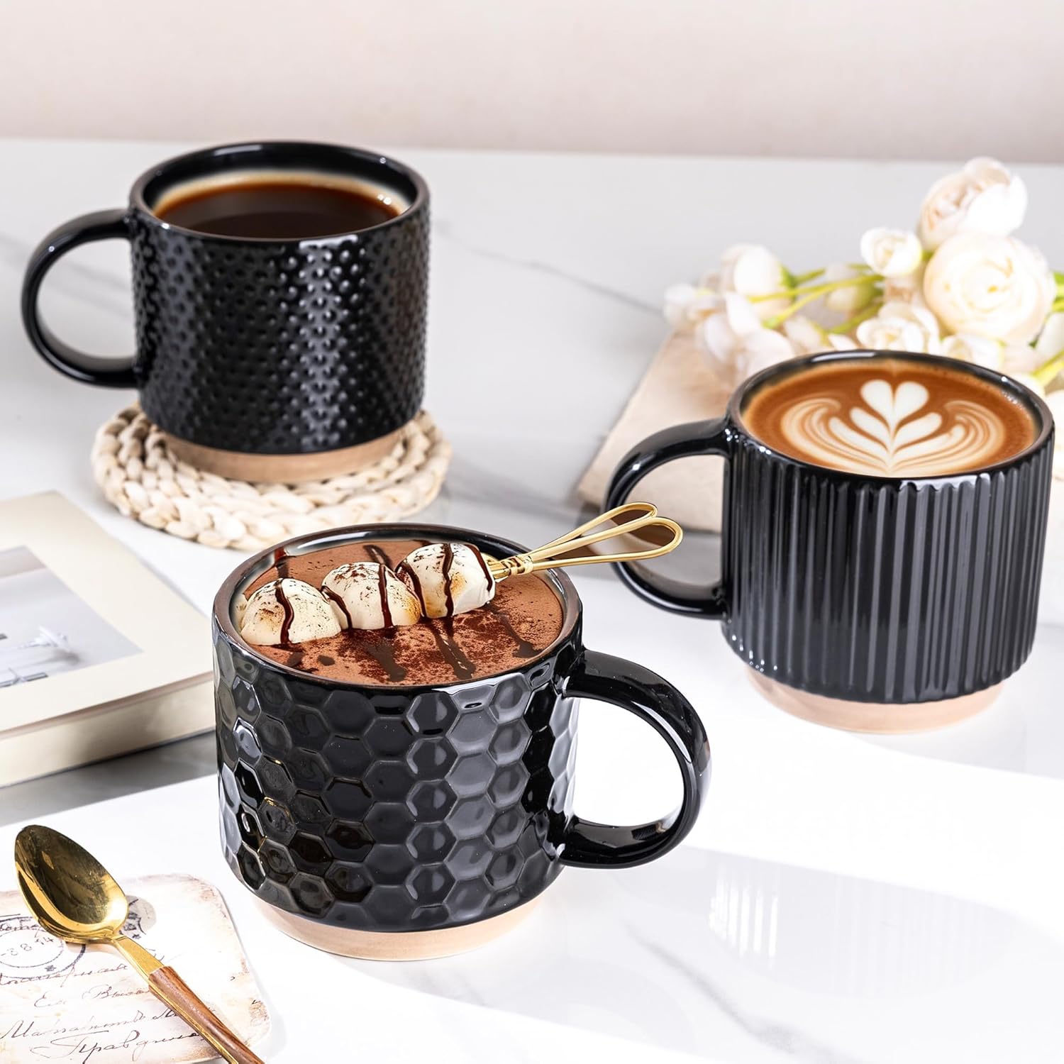 Detalle 2 de GBhome 15OZ Stackable Ceramic Coffee Mugs – Textured 4-Piece Set
