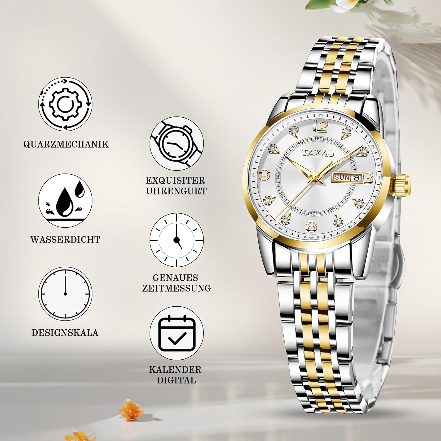 Thumbnail 5 de Taxau Damen-Armbanduhr mit Quarzwerk, Datum und 3ATM Wasserschutz im Edelstahlband (Gold/Silber)