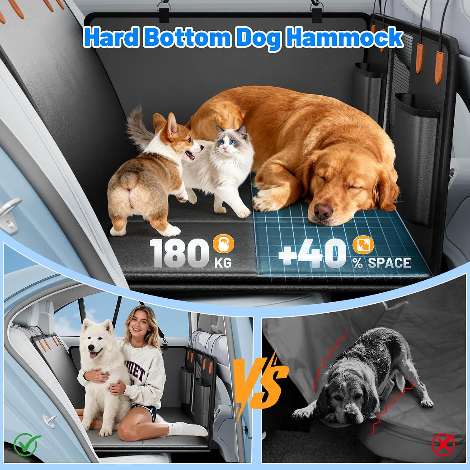 Detalle de Dog Car Seat Cover, 2025 PU Hard Bottom Hammock for Car – Heavy-Duty Back Seat Extender for Pets