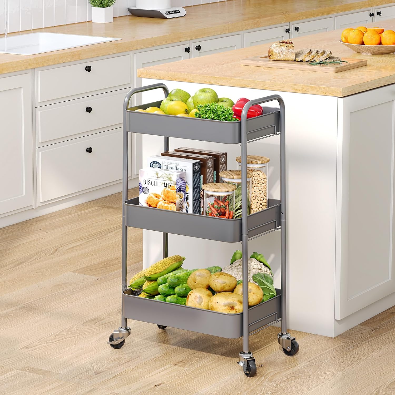 Thumbnail 6 de TOOLF WK131218 3-Tier Metal Rolling Cart, Gray, Screwless Assembly