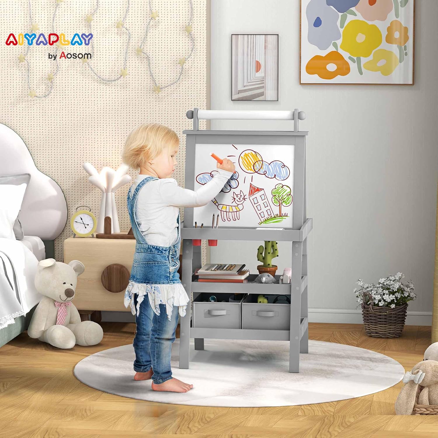 Thumbnail 1 de AIYAPLAY 3B0-012V80GY kinderezel, 3-in-1 met magnetisch whiteboard en krijtbord