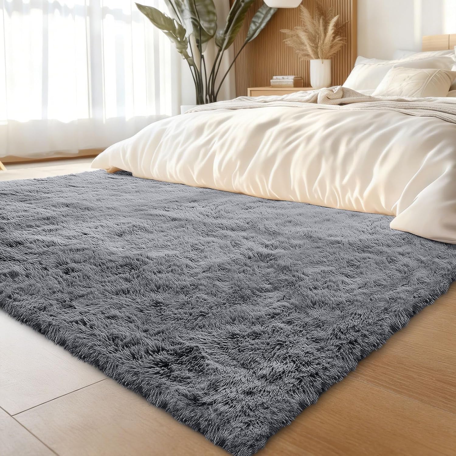 Detalle de smiry Fluffy High Pile Rug (120 x 160 cm) – anti-slip shaggy, machine washable, grey