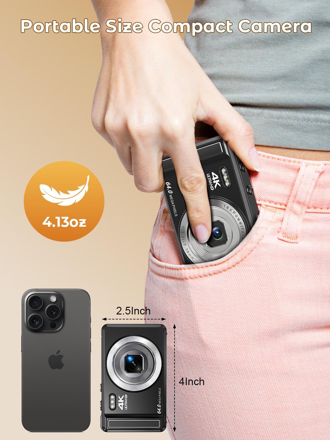 Detalle de Digitalkamera 4K 64MP – kompakte Autofokus-Kamera mit 2,8 Zoll, Macro, Webcam-Funktion & 1200 mAh Akku