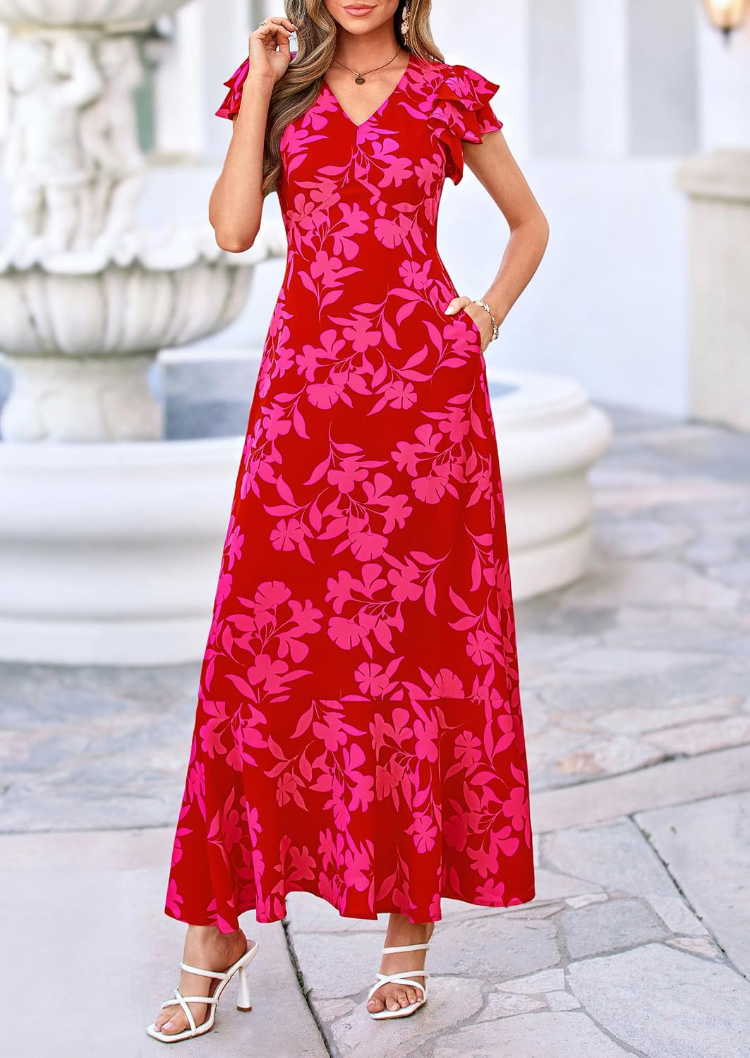 Detalle de PRETTYGARDEN Floral Maxi Dress for Women 2026 Summer Boho With Ruffles — Beach to Wedding Guest