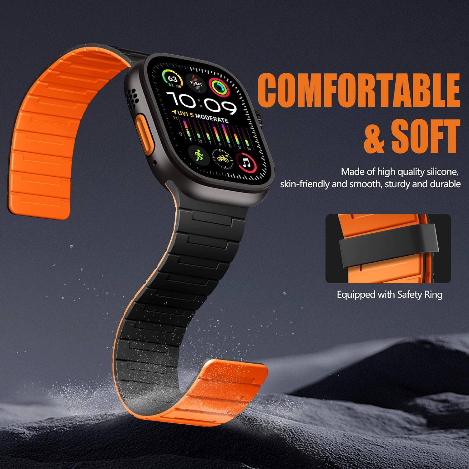 Thumbnail 3 de SNBLK Magnetic Band for Apple Watch Ultra & Series: Silicone Magnetic Strap in Black/Orange