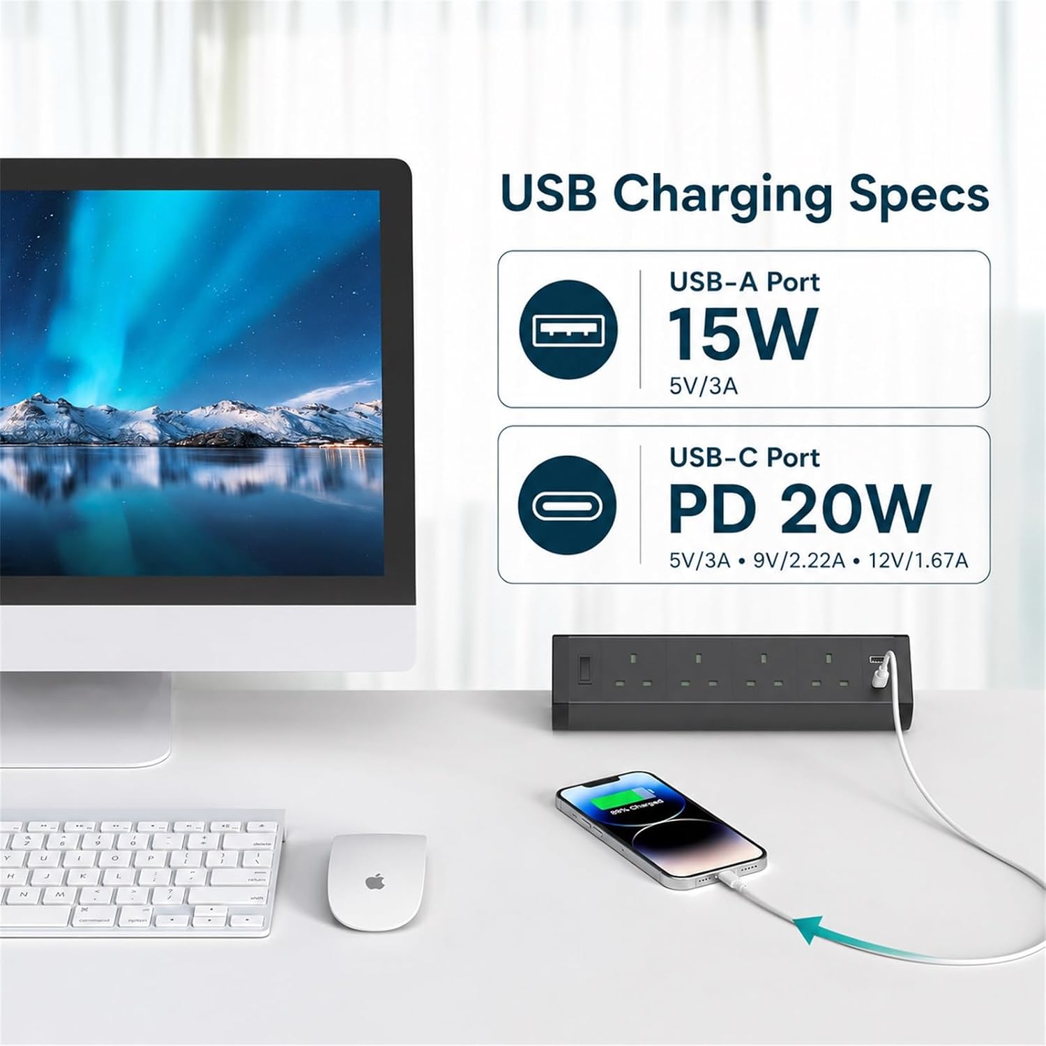 Detalle 2 de Haylink 4 Way Desk Extension Lead 3M with USB-C strip ๐
