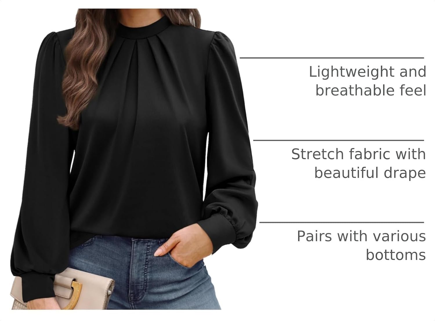 Thumbnail 3 de WIHOLL Long Sleeve Mock Neck Blouse with Pleated Front for Women