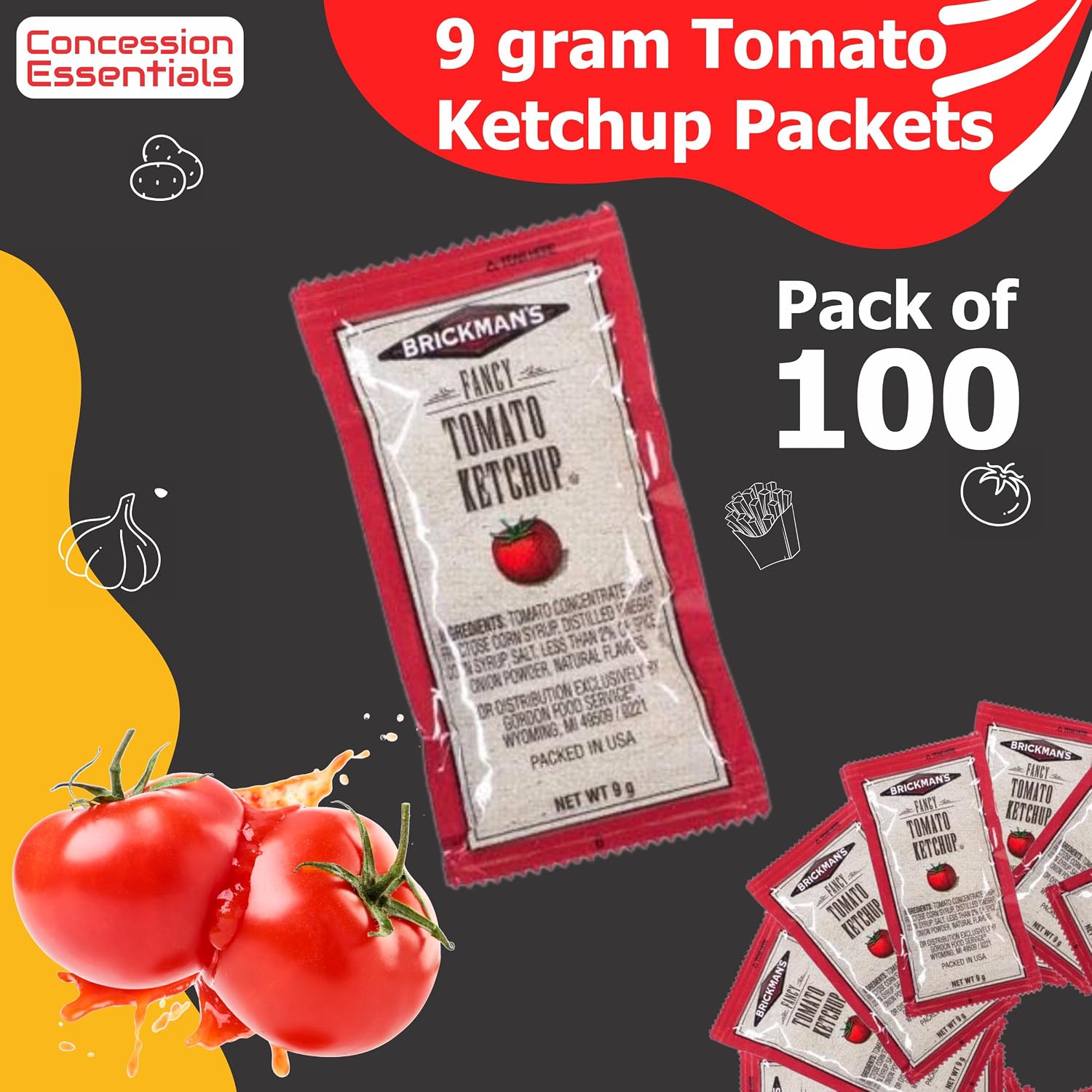 Thumbnail 1 de Concession Essentials Brickman's Ketchup Packets, 9g, Pack of 100