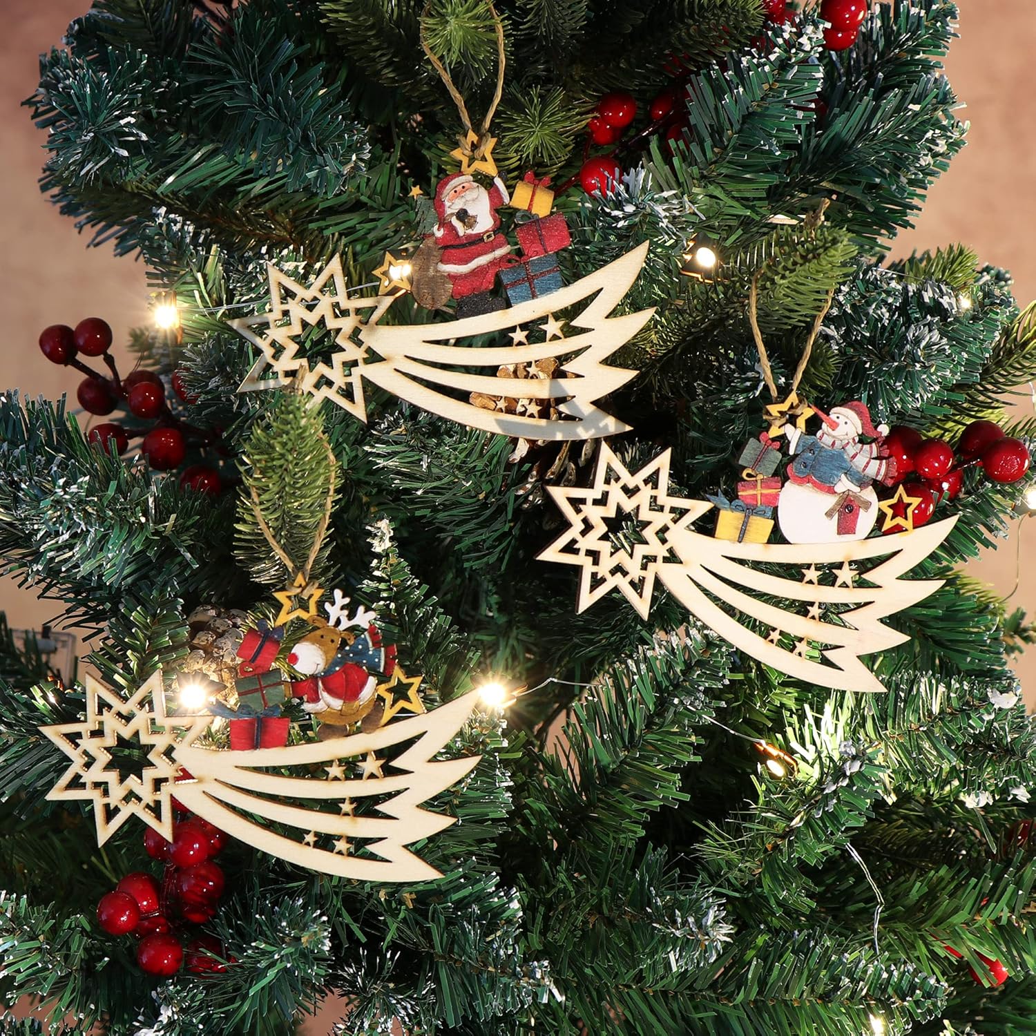 Thumbnail 1 de COM-FOUR® 3X Pendentif en Bois pour Le Sapin de Noël – Trio d'Étoiles Filantes