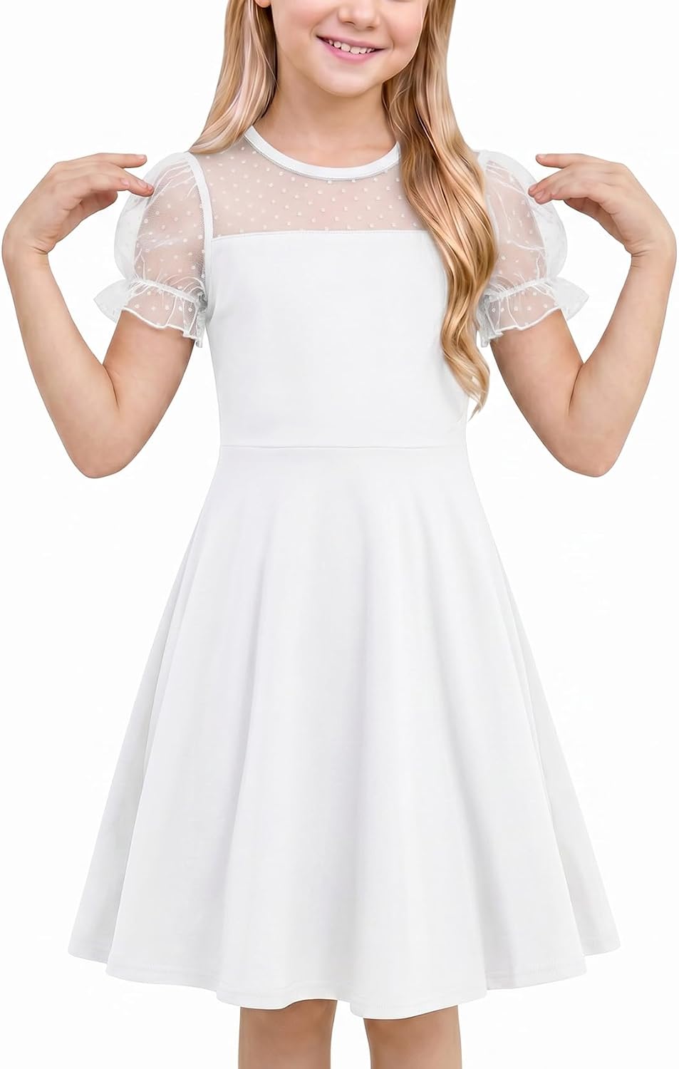 Detalle de JiAmy Girls Summer Dress with Puff Sleeves and Tulle Patchwork – A-Line Knee Length Party Dress (5–14 Years)