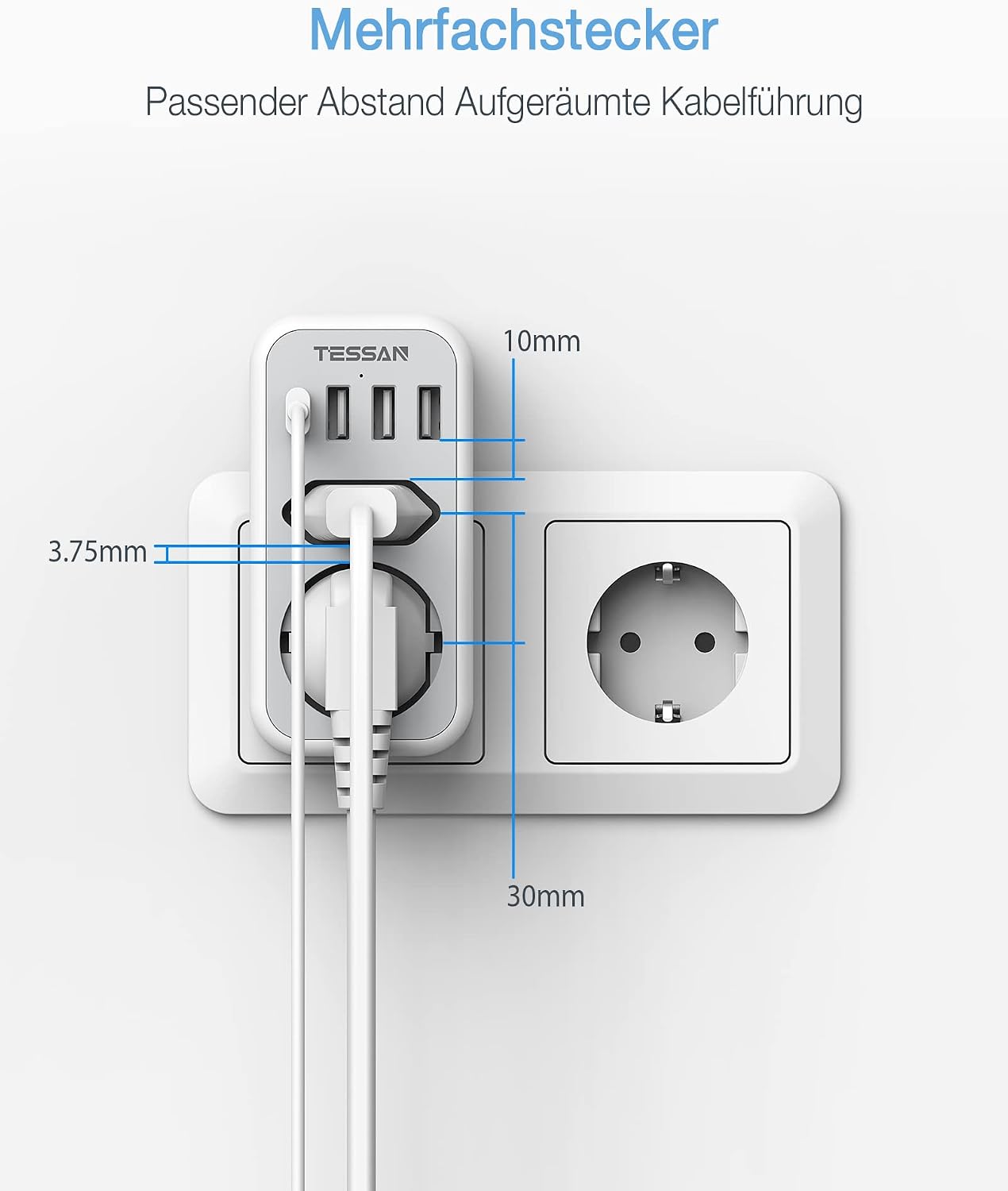 Thumbnail 4 de TESSAN USB-C-wandcontactdoos met 2 stopcontacten en 4 USB-poorten