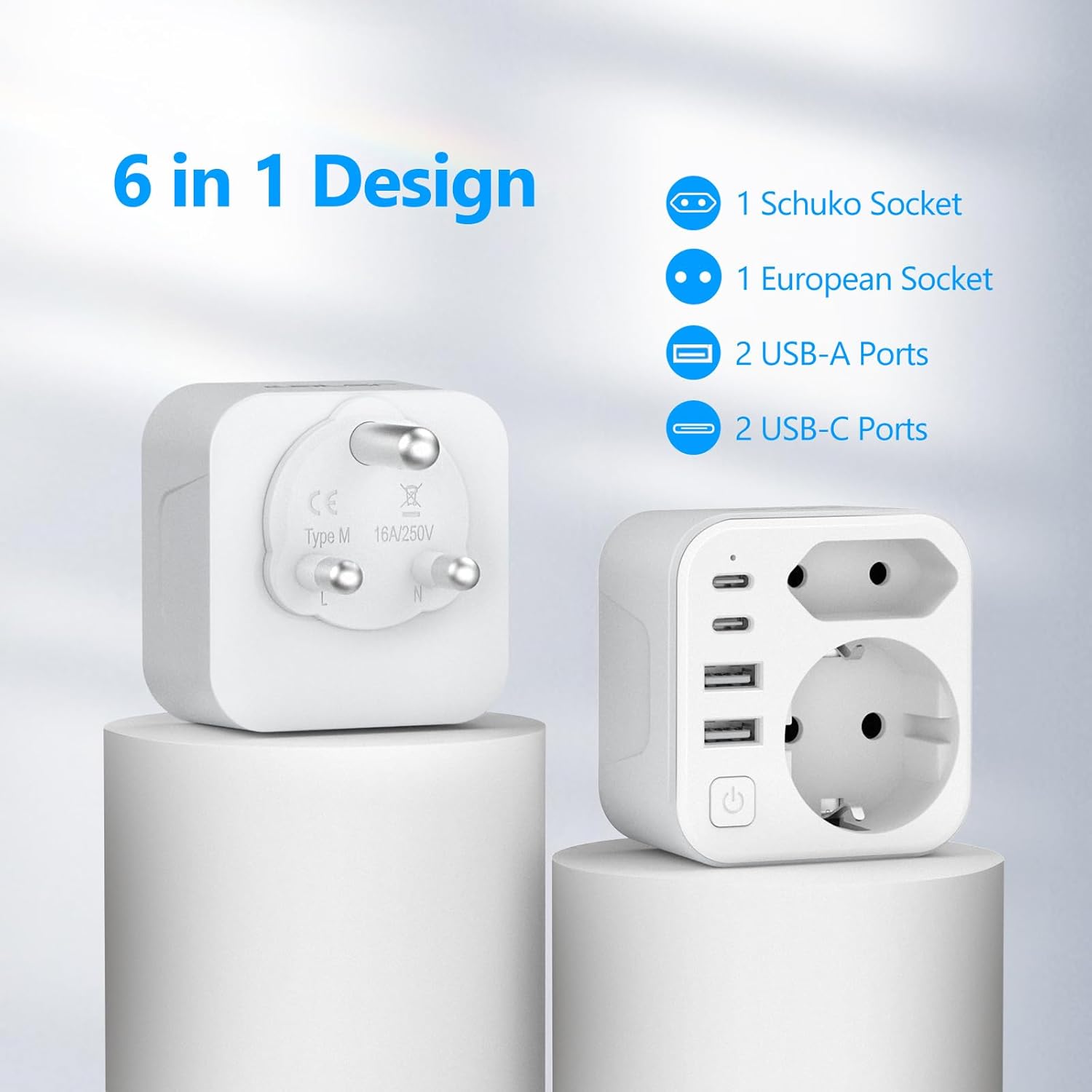 Thumbnail 3 de JSVER Adaptateur prise Afrique du Sud 6 en 1 Type M, blanc, avec 2 USB-A et 2 USB-C