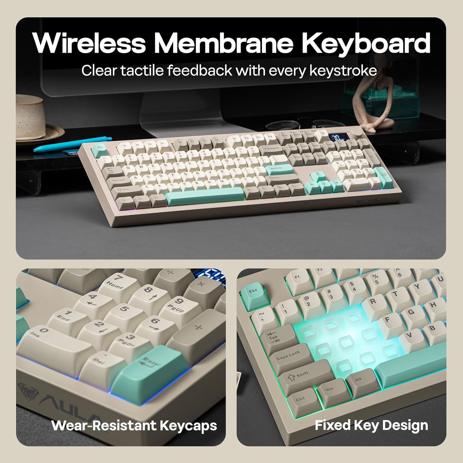 Detalle 2 de EPOMAKER Aula S102 Pro : Clavier Gaming à Membrane avec Écran TFT, Volume et Pavé Numérique – Tri‑Mode, RGB et Silencieux