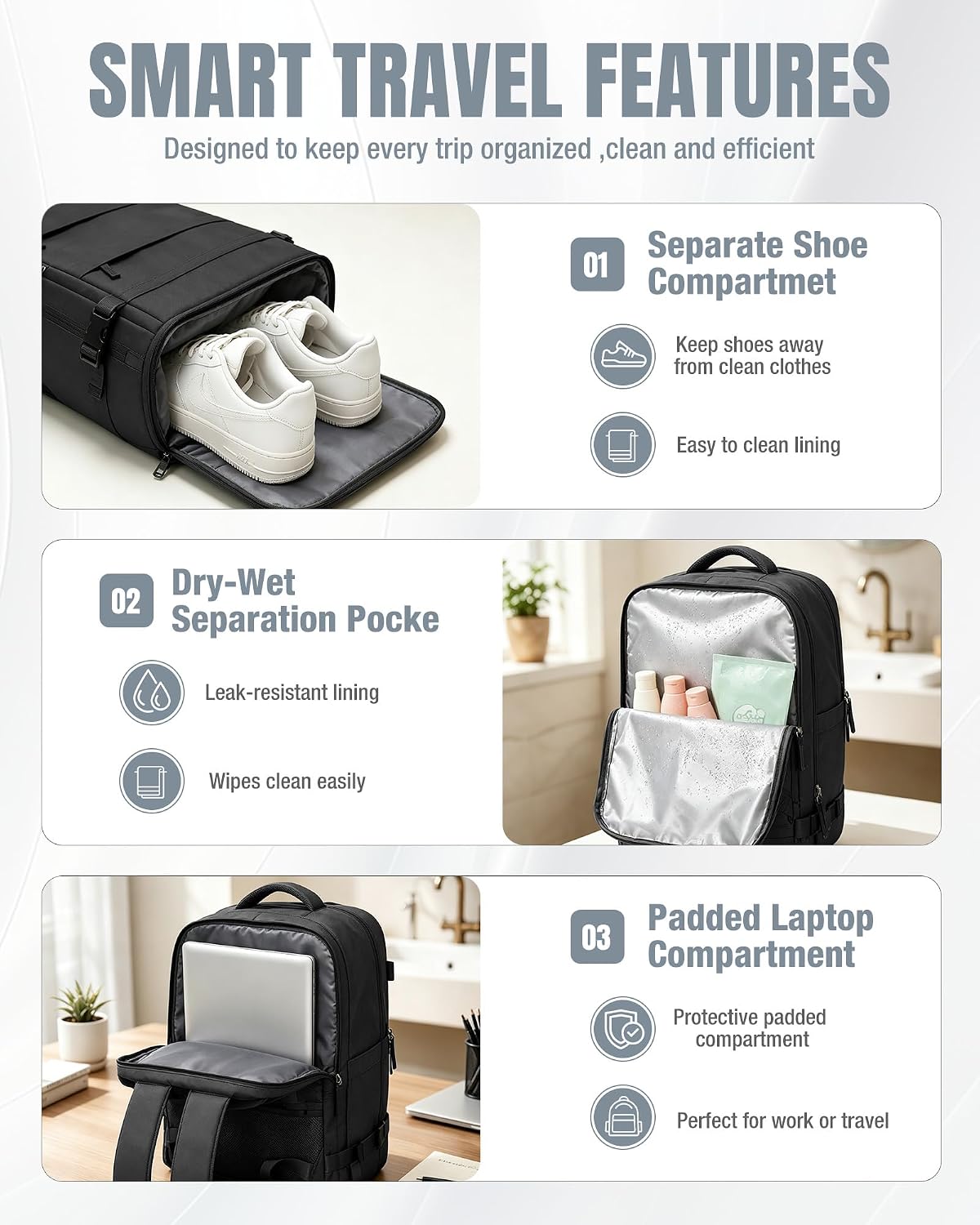 Detalle de BJLFS Vakuum Reiserucksack mit Pumpe – 40x30x20 cm, 16 Zoll Laptopfach, Ryanair Handgepäck