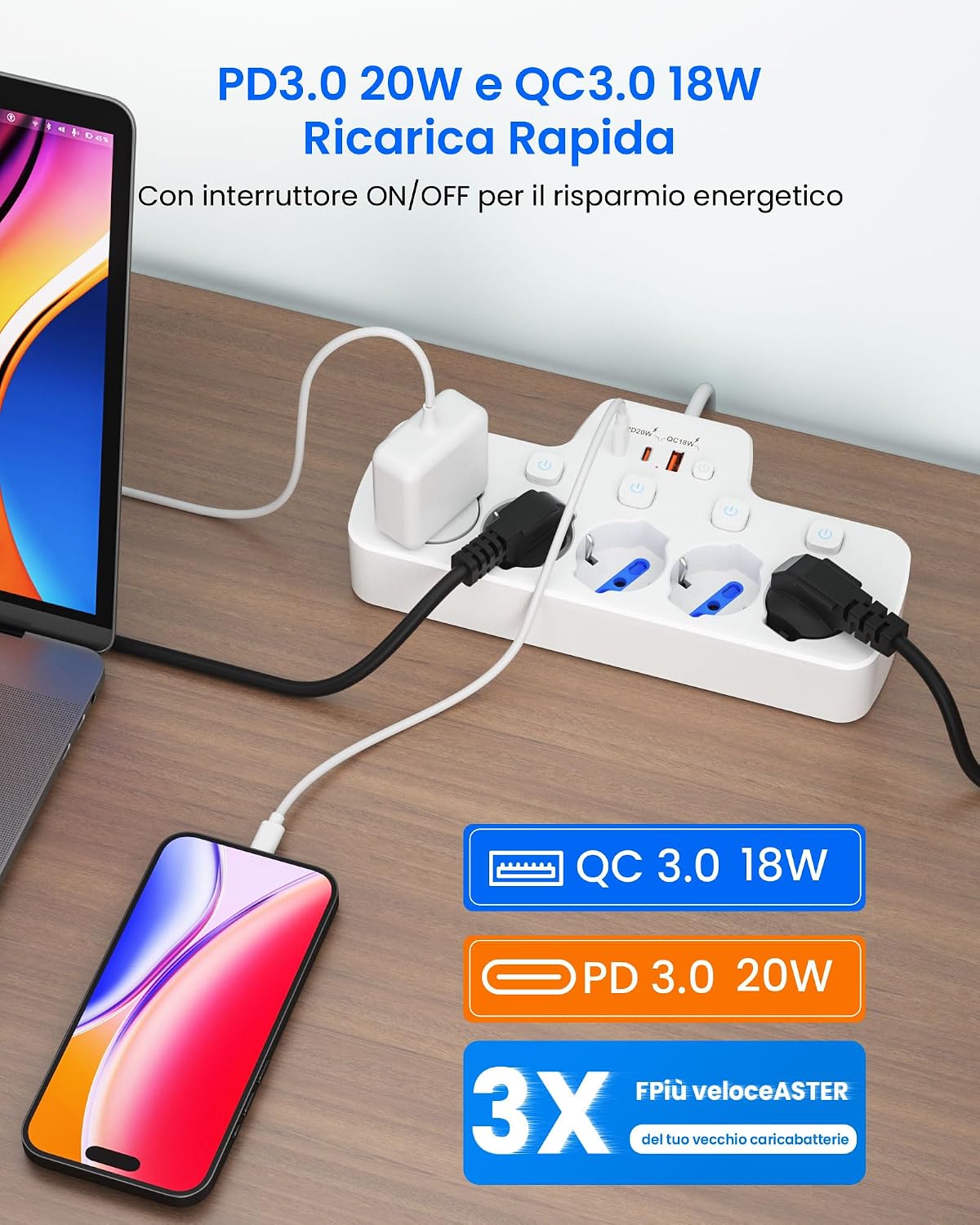 Detalle 2 de Ciabatta multipresa 5 posti con USB 1,5 m