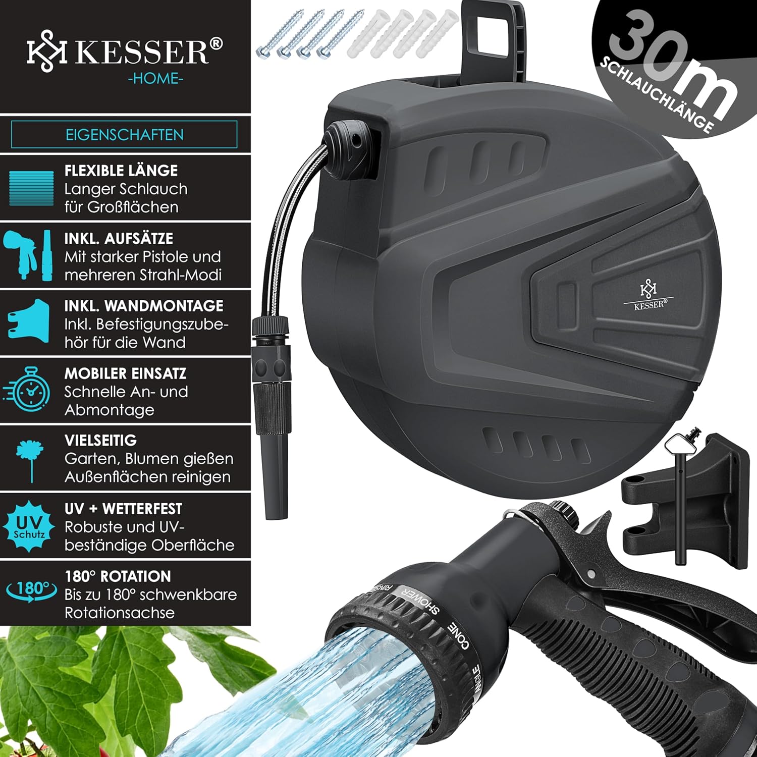 Thumbnail 1 de KESSER automatische Schlauchtrommel 30 m + 2 m – Wand-Schlauchbox mit Aufrollautomatik, 180° schwenkbar & Multi-Handbrause (9 Modi) in Anthrazit
