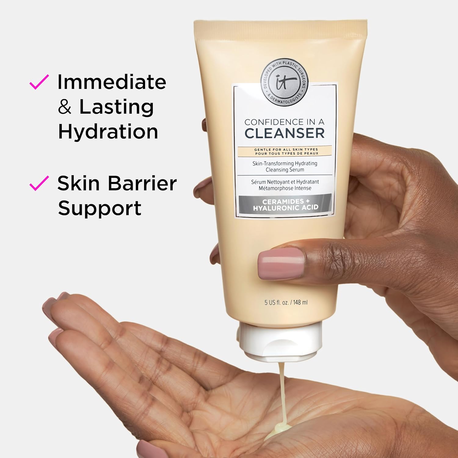 Detalle de iT COSMETICS Confidence In A Cleanser – Detergente Viso Idratante con Ceramidi e Acido Ialuronico, 148 ml