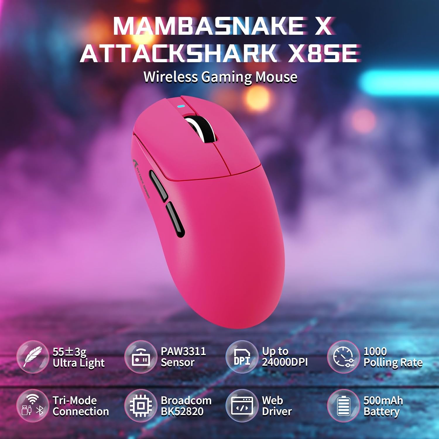 Detalle de MAMBASNAKE X ATTACK SHARK X8SE 55g: mouse da gioco wireless ultraleggero con 25000 DPI