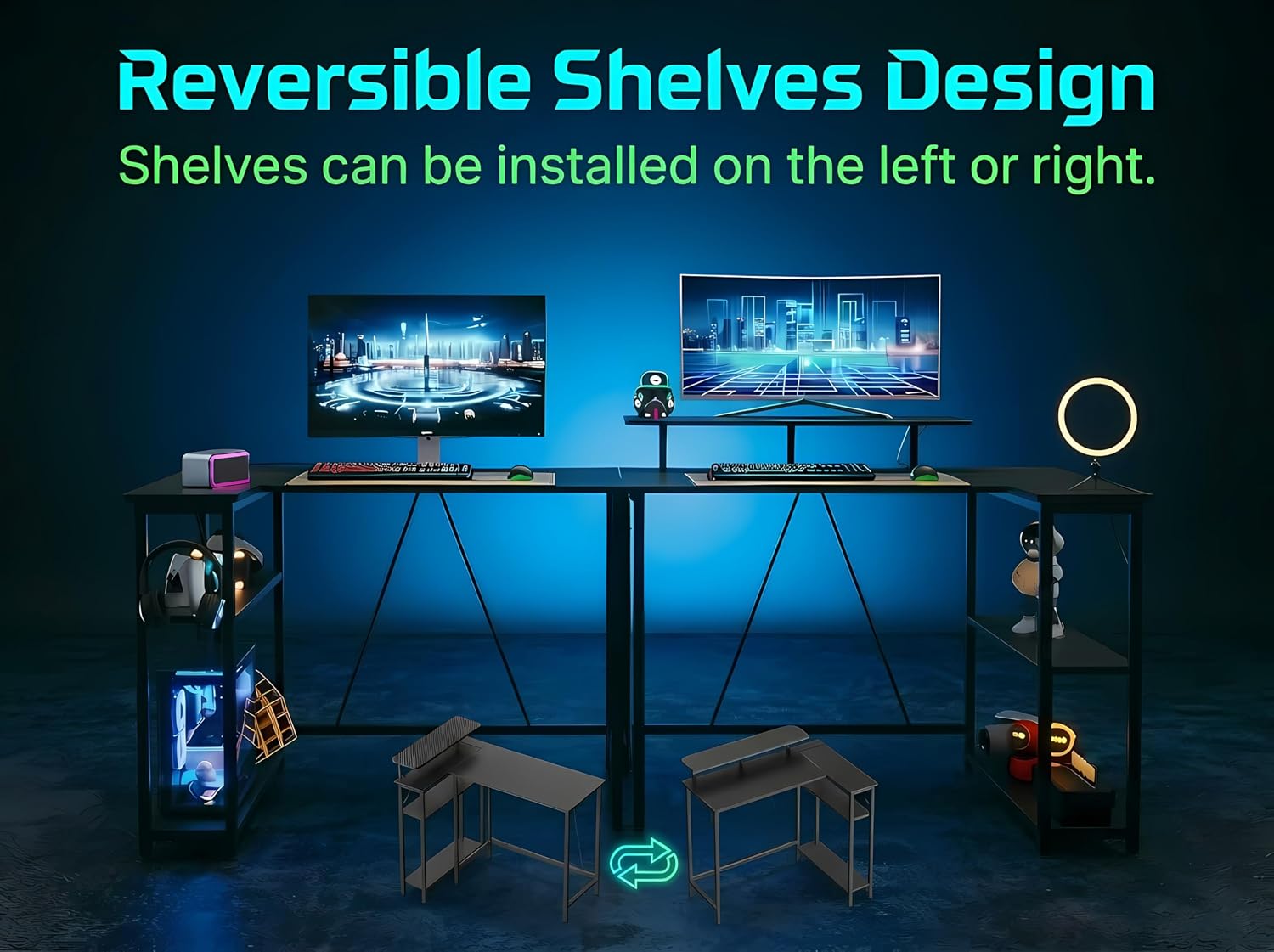 Detalle de Xyphren L Shaped Gaming Desk with RGB LED Lights, Power Outlets & Adjustable Shelves (Carbon Black)
