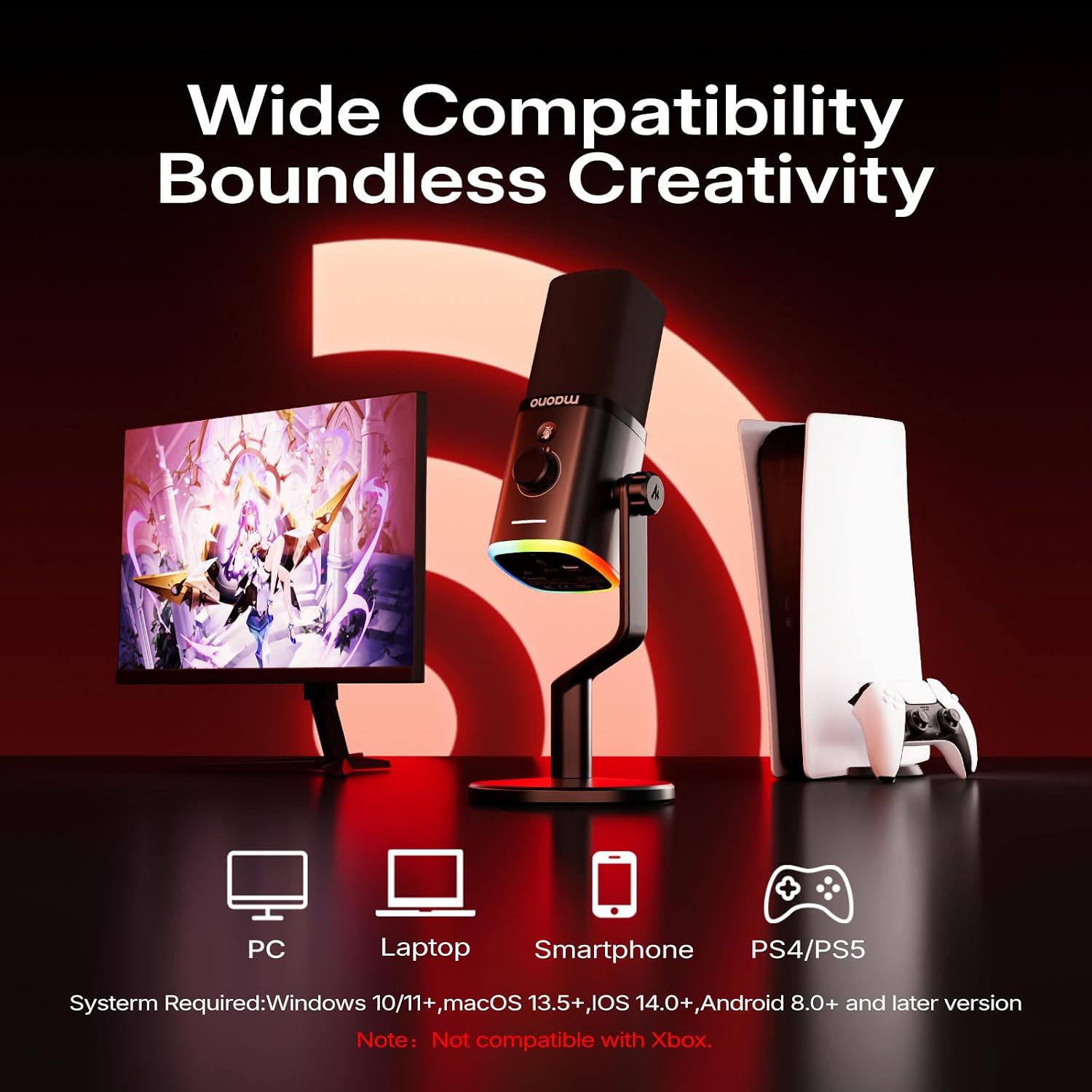 Detalle de MAONO PD100W Wireless Dynamic Gaming Microphone with USB-C, RGB and Noise Reduction