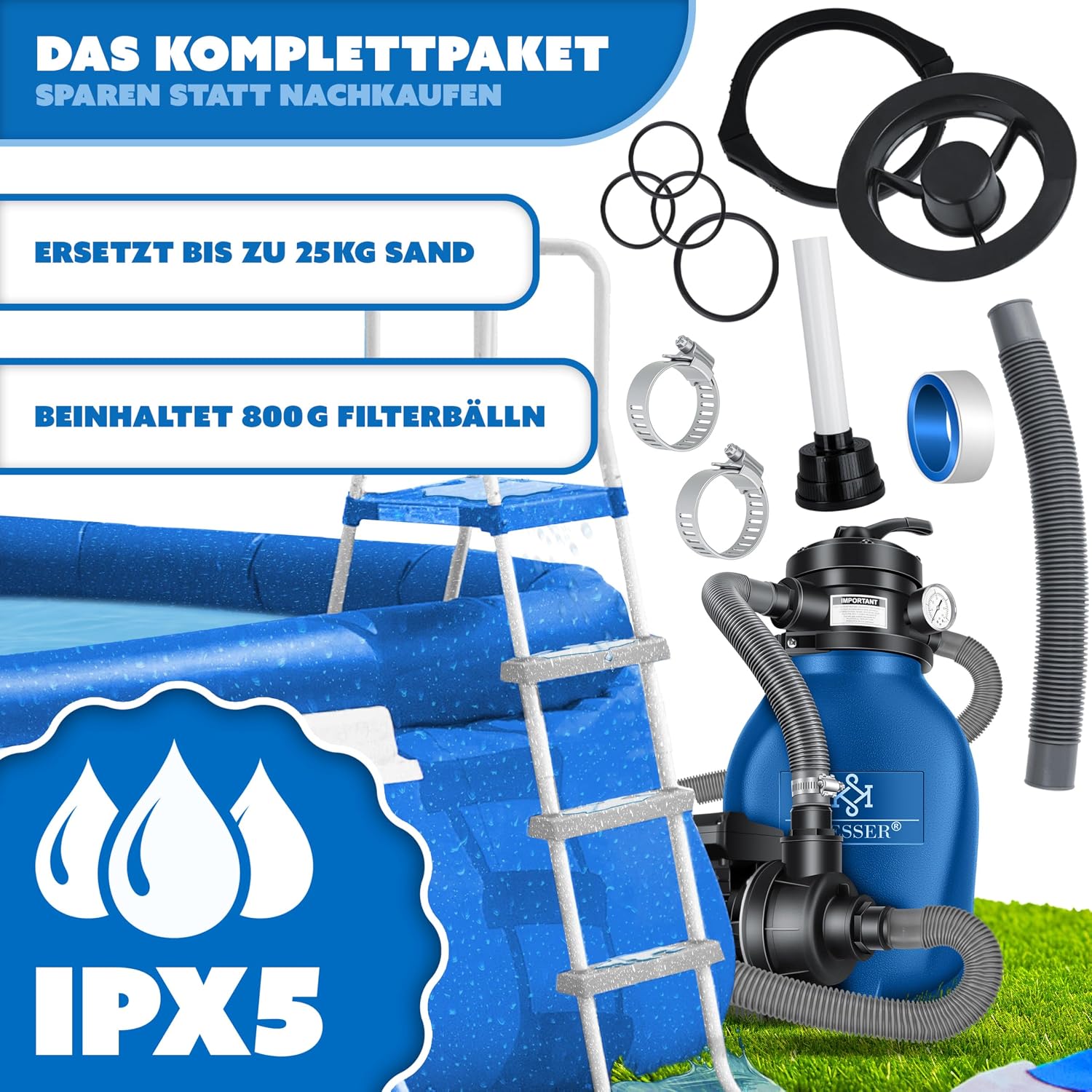 Detalle 2 de KESSER Sandfilteranlage mit 10.200 l/h – inklusive 800 g Filterbälle und 25 kg Filtersand, 4-Wege-Ventil, blau