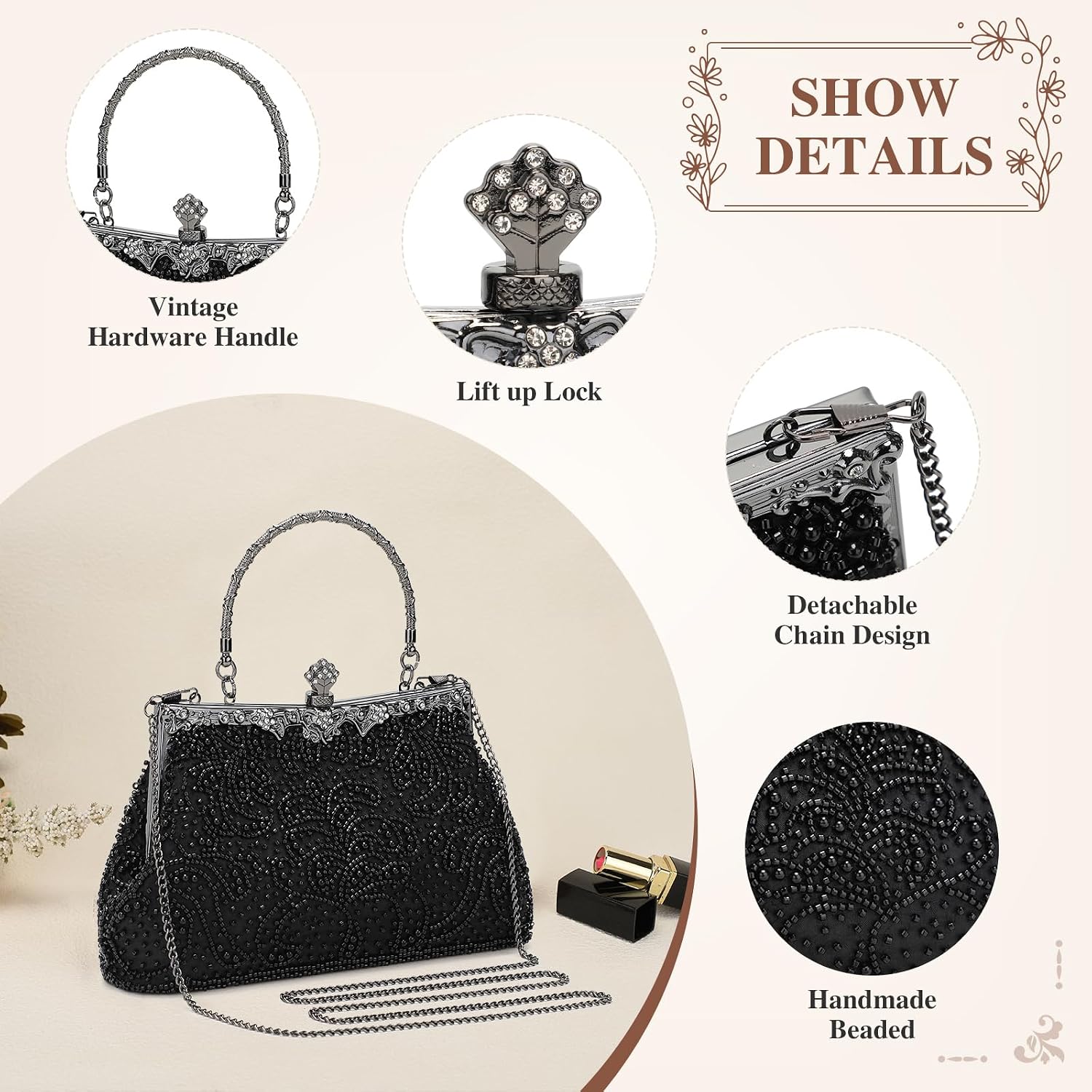 Detalle de BAIGIO 1920s sac à bandoulière vintage perles