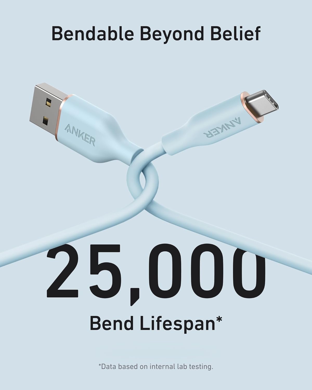 Detalle de Anker Type C Cable (6 ft) USB-A to USB-C Flow Cord – Fast Charging, Silicone, Blue