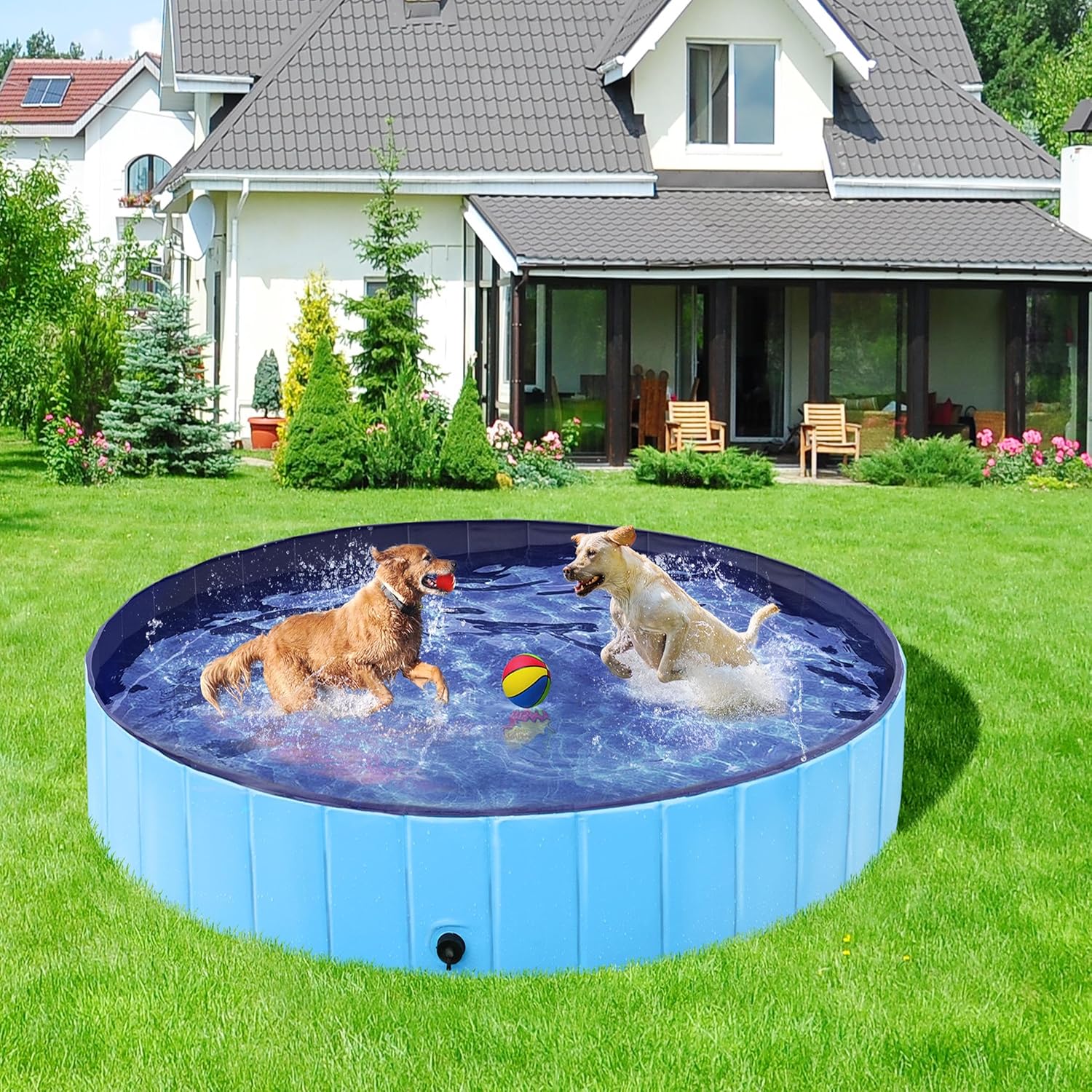 Detalle 2 de Yaheetech faltbarer Hundepool 160 x 30 cm: anti-Rutsch-Platten, schneller Ablauf und Badebürste – Blau