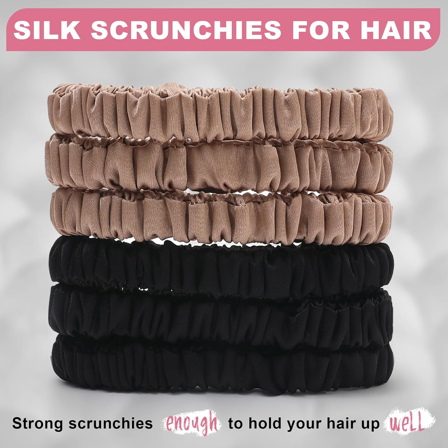 Detalle 2 de 6Pcs Mulberry Silk Slip Skinny Hair Scrunchies (22 Momme) — 2-Color Ponytail Holders for Women & Girls, Color 02
