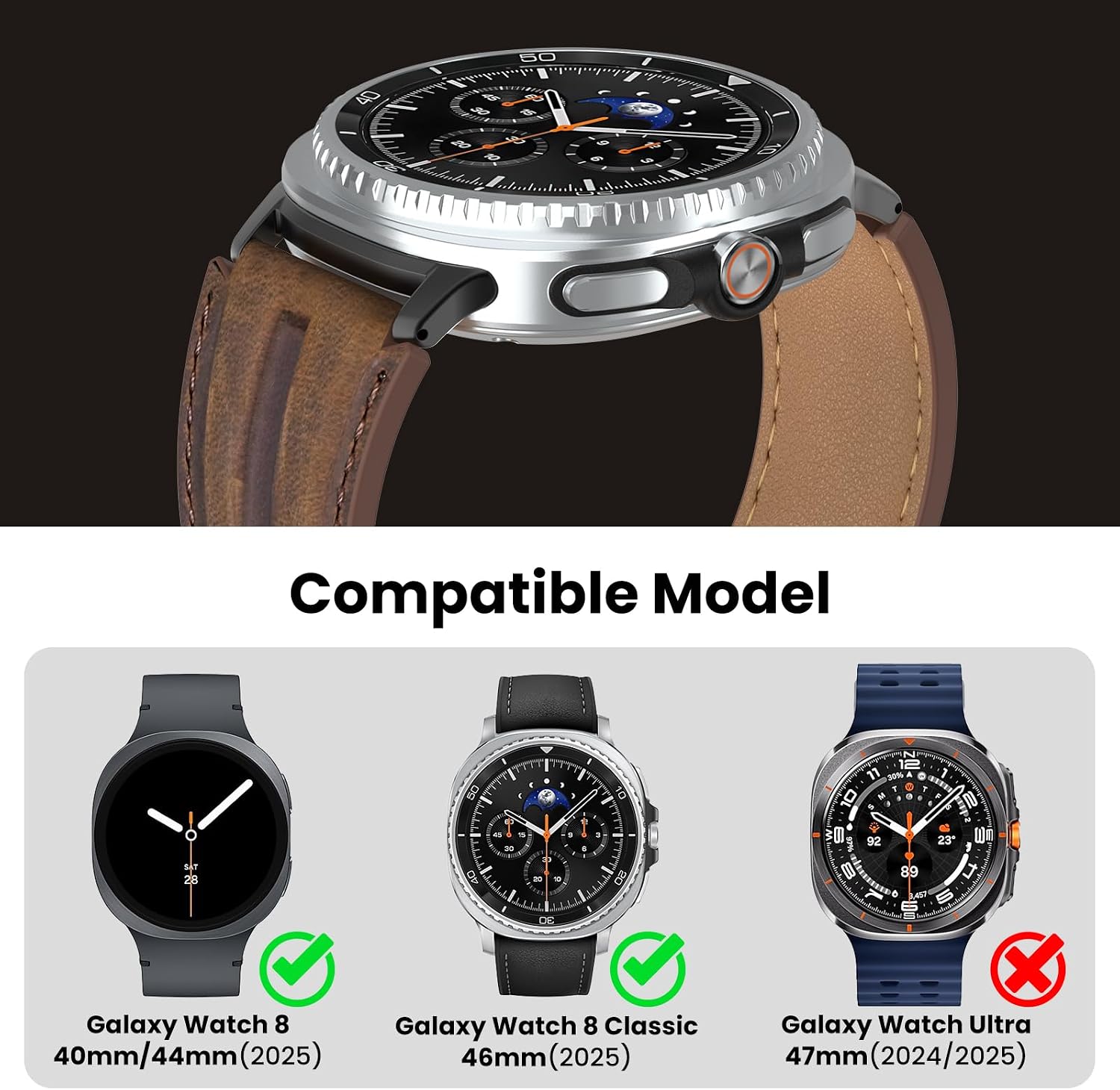 Detalle de Bouixel Top Grain Genuine Leather Strap for Galaxy Watch 8 (40mm/44mm, Classic 46mm, 2025)