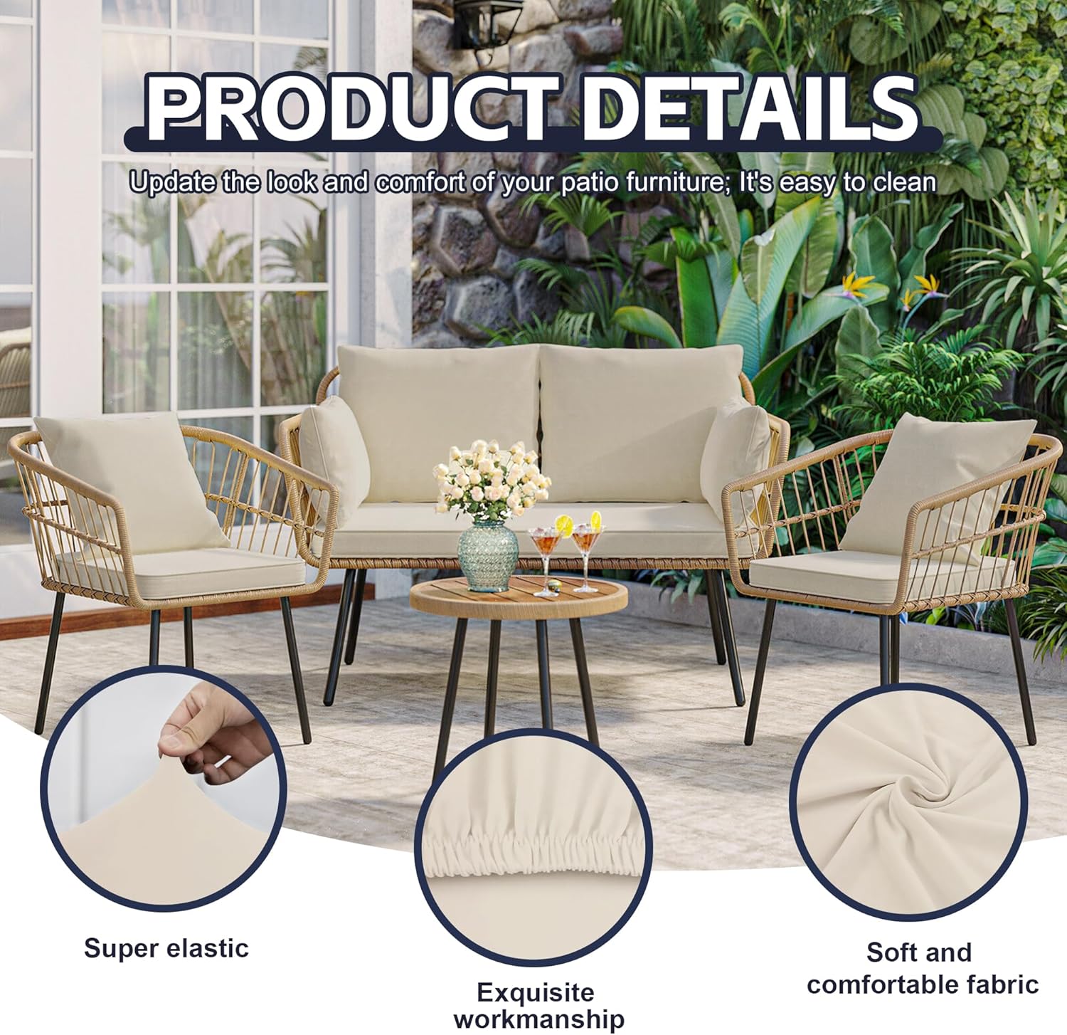 Thumbnail 2 de MRGSDL 14-Pack Stretch Patio Cushion Covers (Beige) — Washable Outdoor Sofa Replacement Covers