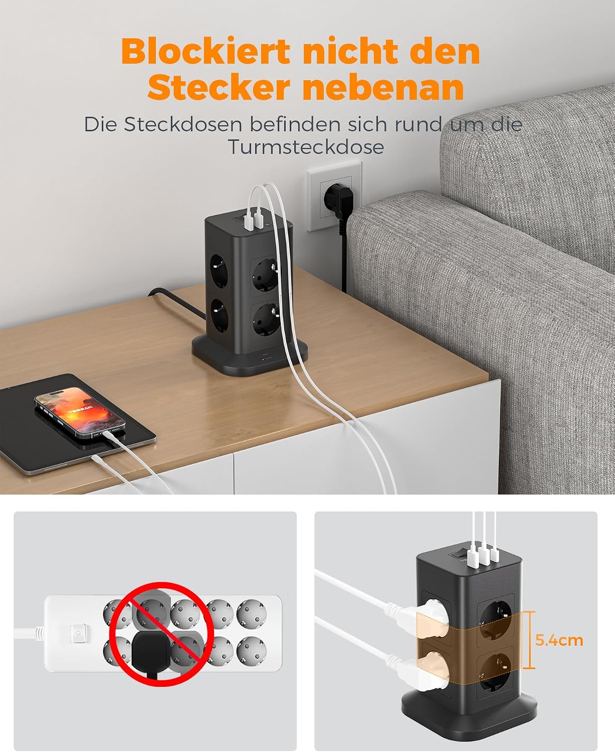 Thumbnail 3 de TESSAN Mehrfachsteckdose mit Überspannungsschutz, 5 m Verlängerungskabel und 8 Fächern inkl. USB-C (5M)