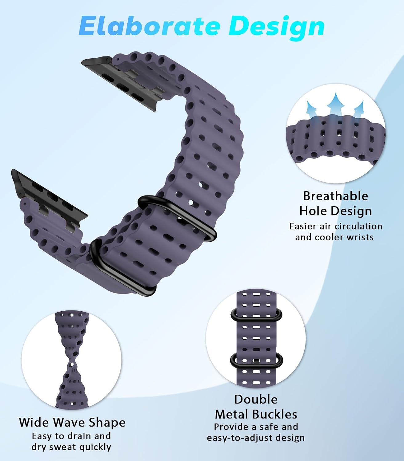 Detalle de Astorgos Upgraded Ocean Band for Apple Watch Ultra, SE & 42–49mm Models — Breathable Silicone Sport Strap