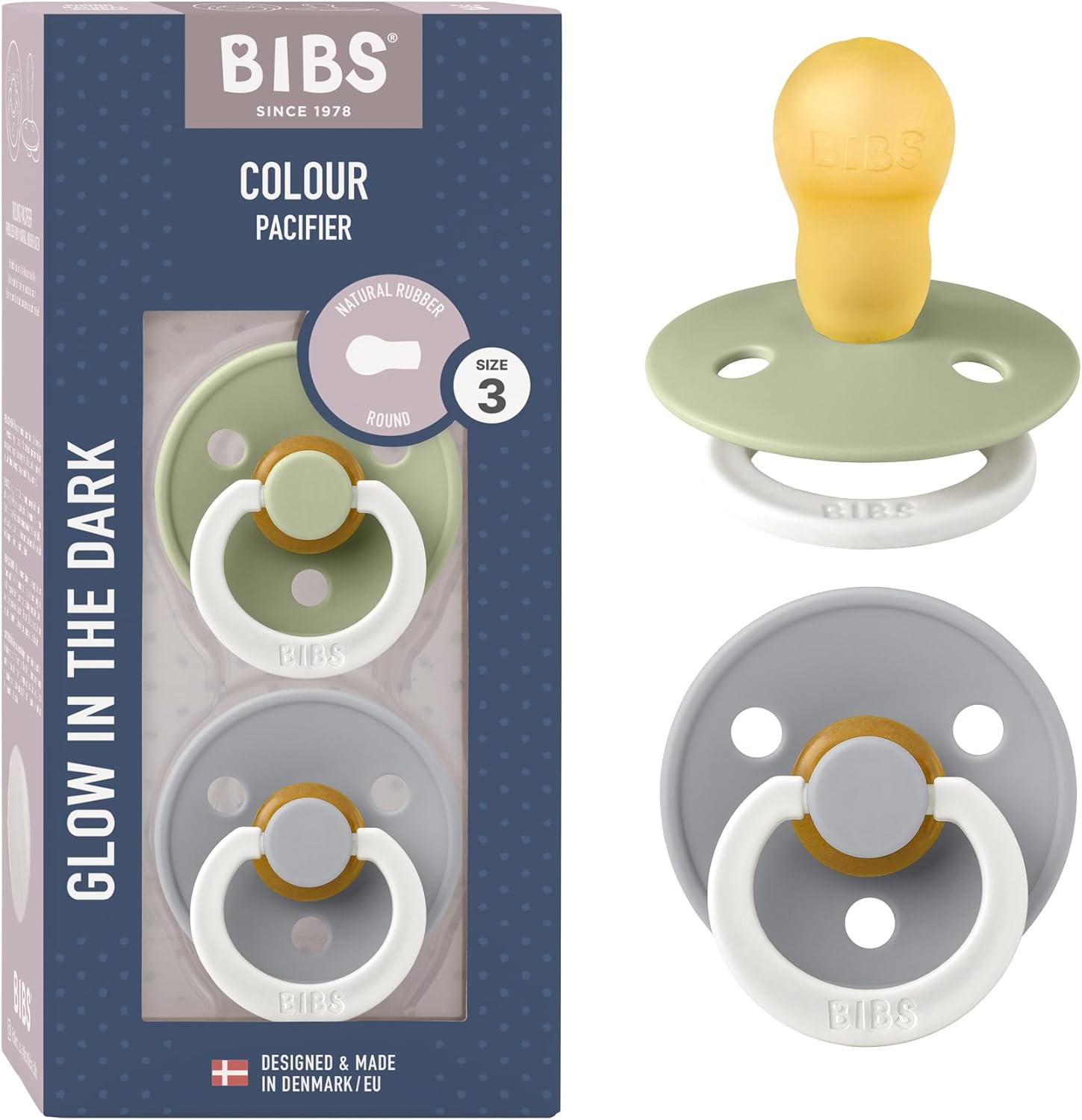 BIBS Colour Glow Soother 2-Pack Sage Night baby pacifier