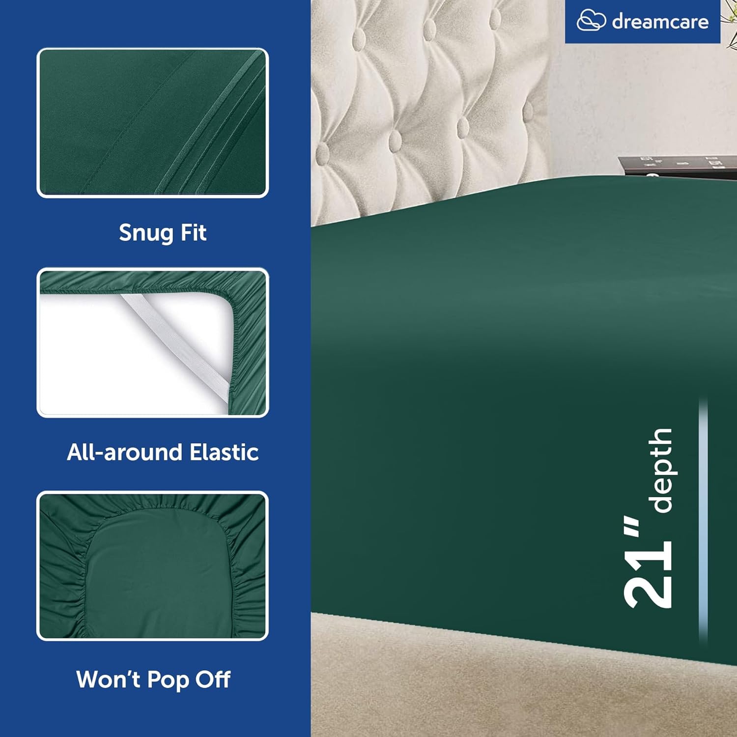 Thumbnail 6 de DREAMCARE Queen Sheet Set – 4 pcs Cooling Sheets with Extra Deep Pocket and Side Pocket (Emerald Green)