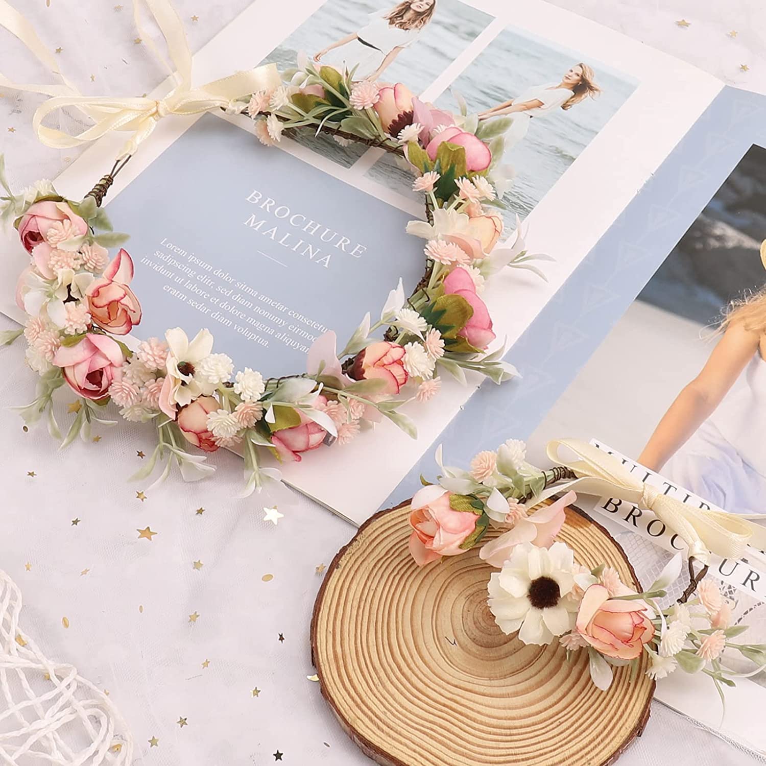 Thumbnail 4 de Hochzeitsgirlande Blumenkranz für Damen (rosa) – verstellbares Haarband mit Armband-Set