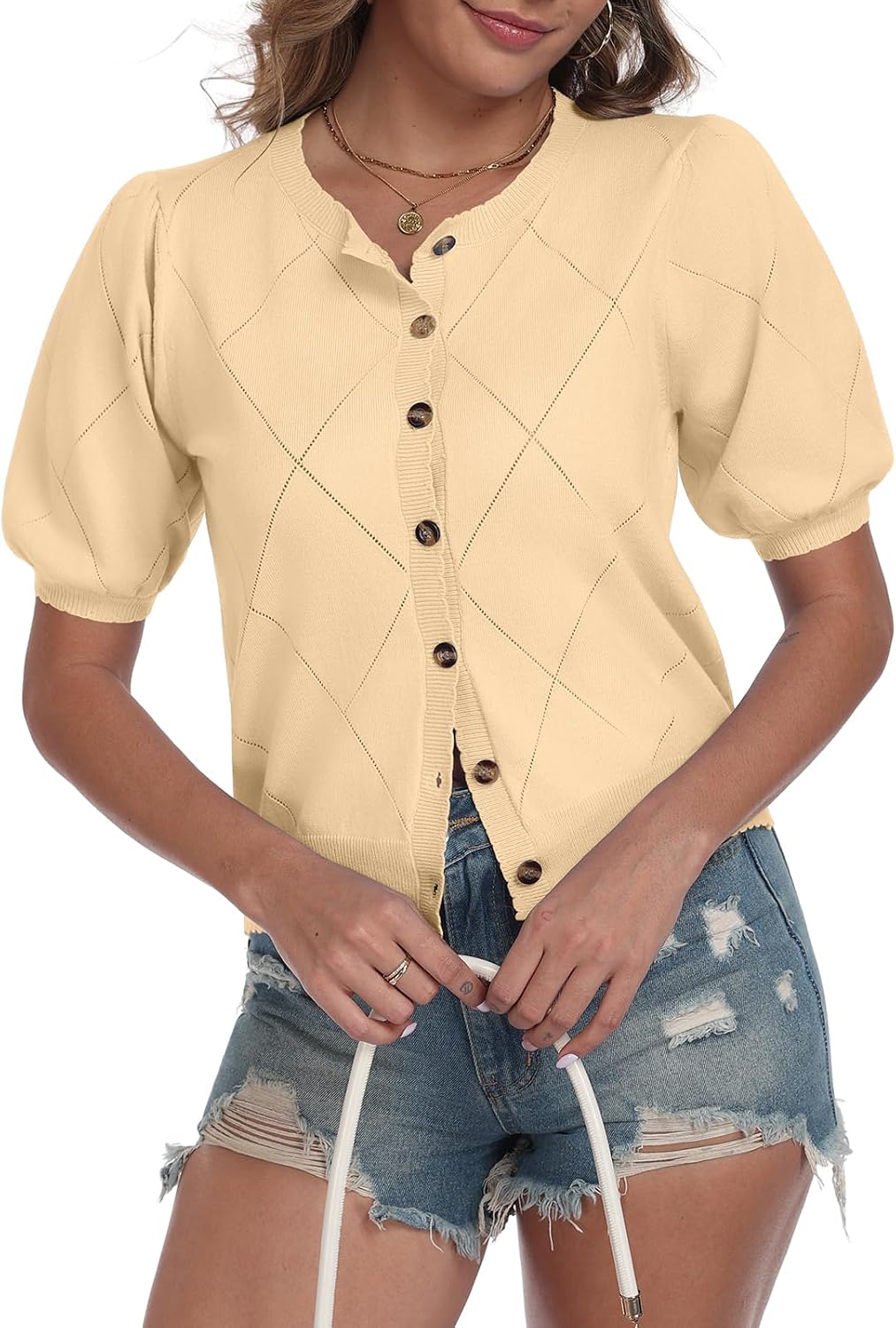 Detalle de YUNDAI Women’s Puff Sleeve Cardigan – Lightweight Crew Neck Knit Top