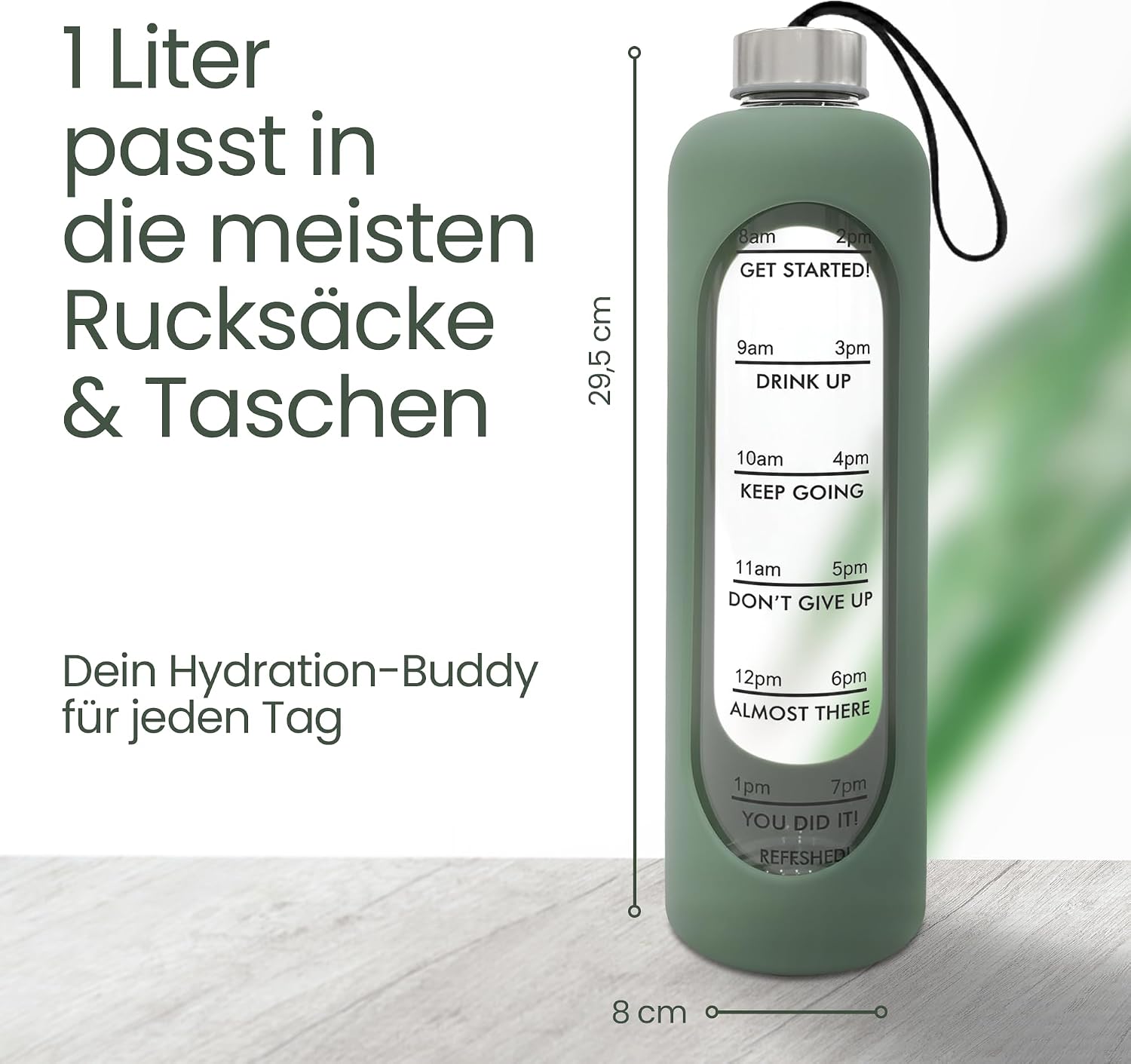 Thumbnail 6 de Amalindo Trinkflasche Glas 1L (kohlensäuregeeignet) mit Bürste & Silikonhülle – Olivgrün