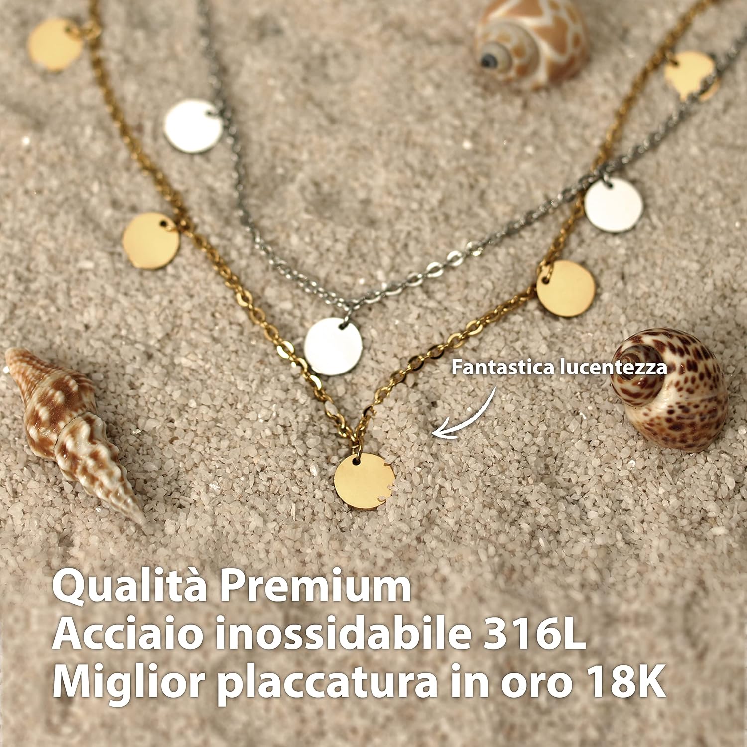 Detalle 2 de BONNYBIRD BonnyCoin collana estiva donna in acciaio inox argento, oro e oro rosa regolabile 38–44 cm, impermeabile e senza nichel