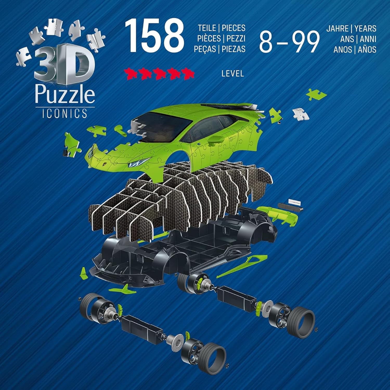 Detalle de Ravensburger Puzzle 3D Lamborghini Huracán EVO, modellismo da costruire in 108 pezzi (3D, Easy Click) per bambini e adulti