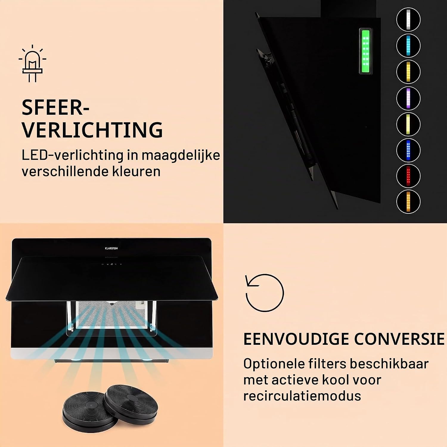 Detalle de Klarstein 1004023 Aurora afzuigkap 90 cm met 563 m³/h, wifi en RGB-leds